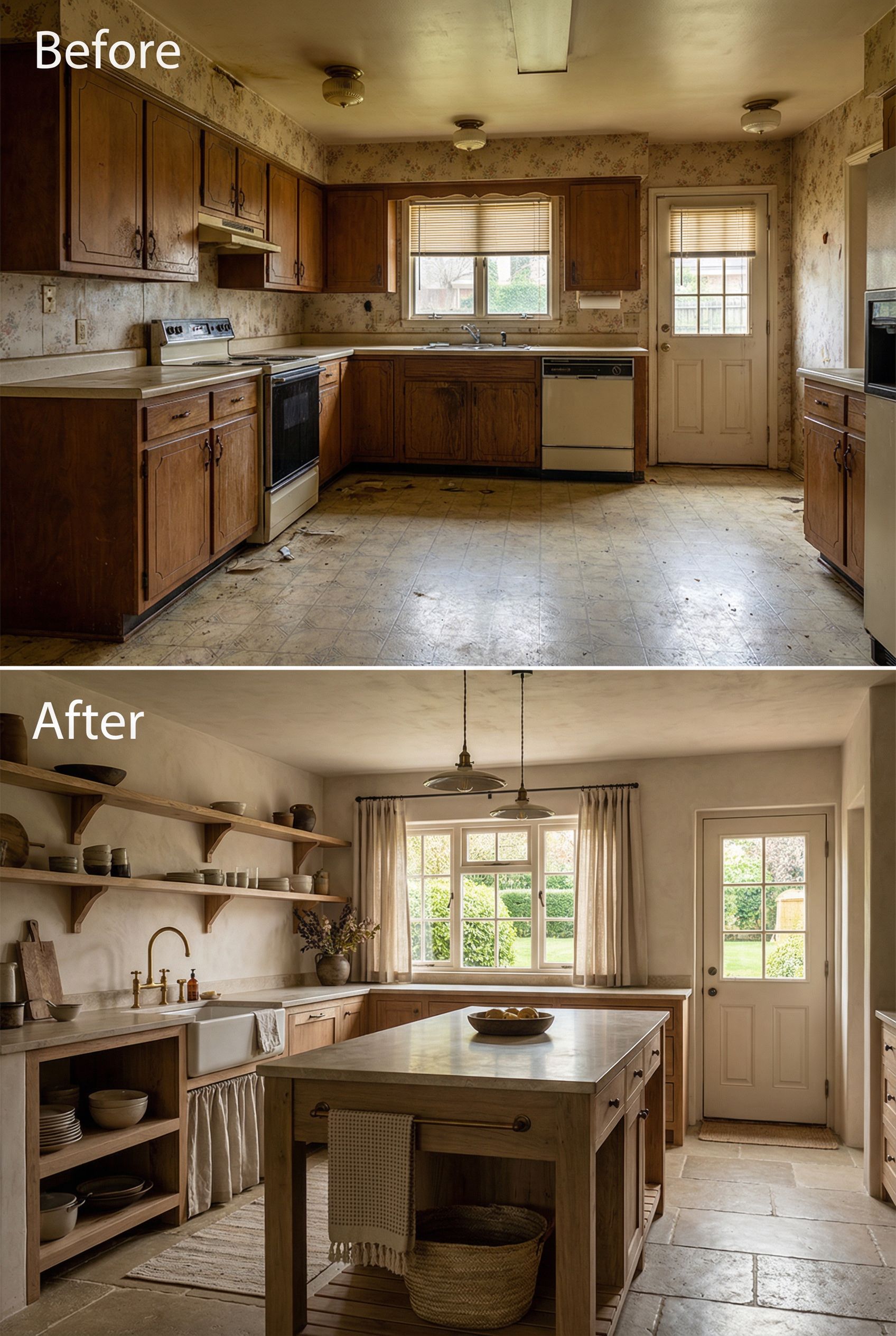 80s Brass Fixture Kitchen → Matte Wabi Sabi Rustic Charm