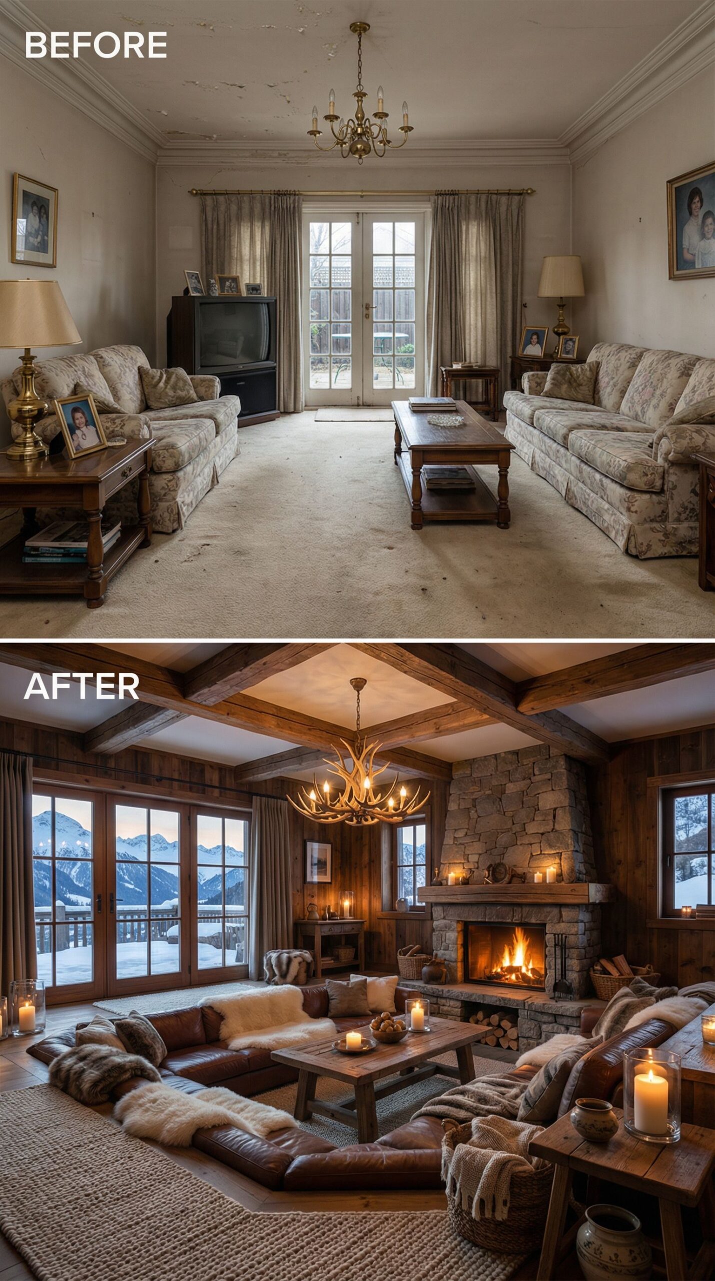'80s Brass Fixture Living Room → Industrial Conversation Pit