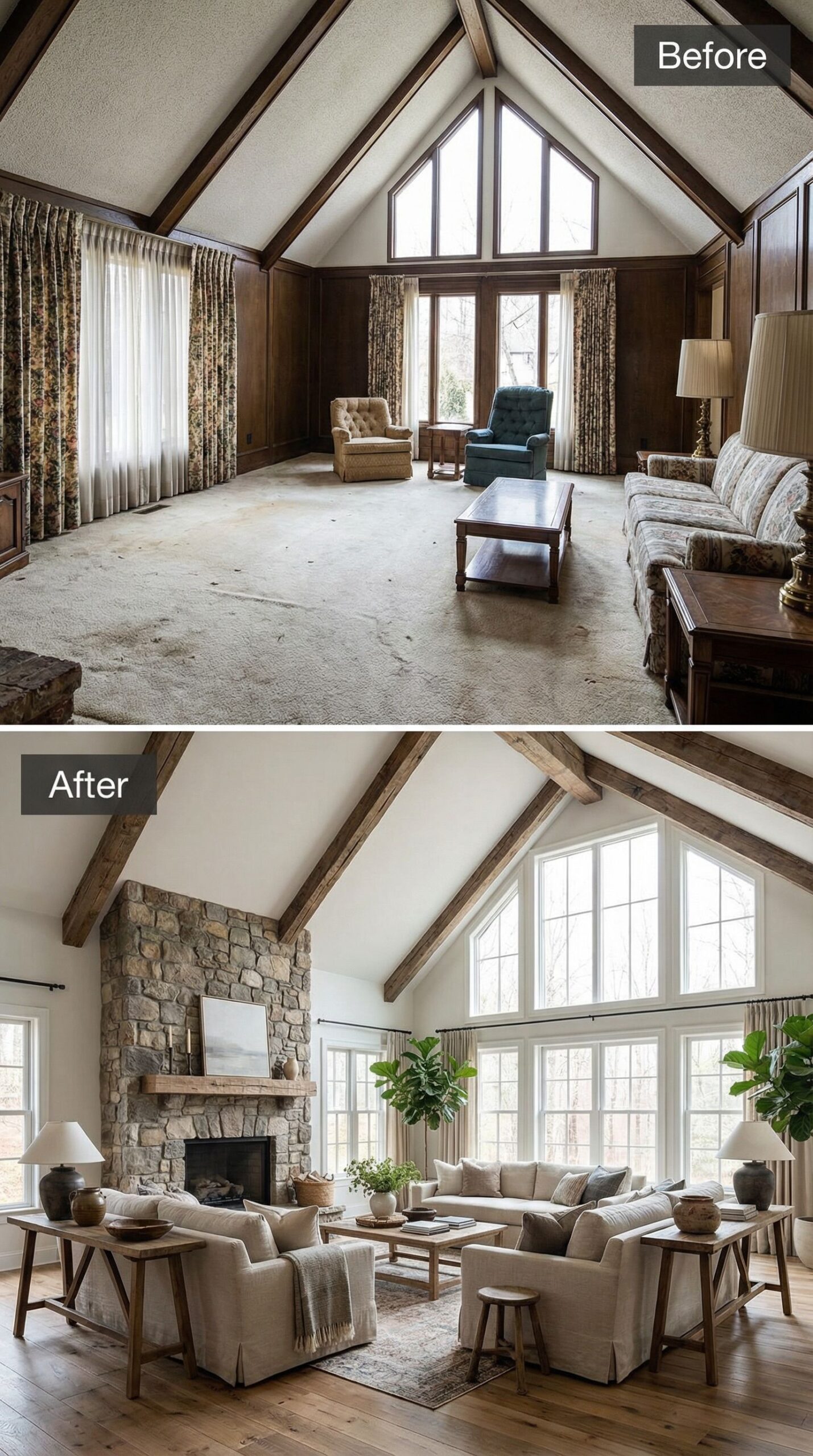 '80s Brass & Glass Living Room → Warm Minimalist Haven