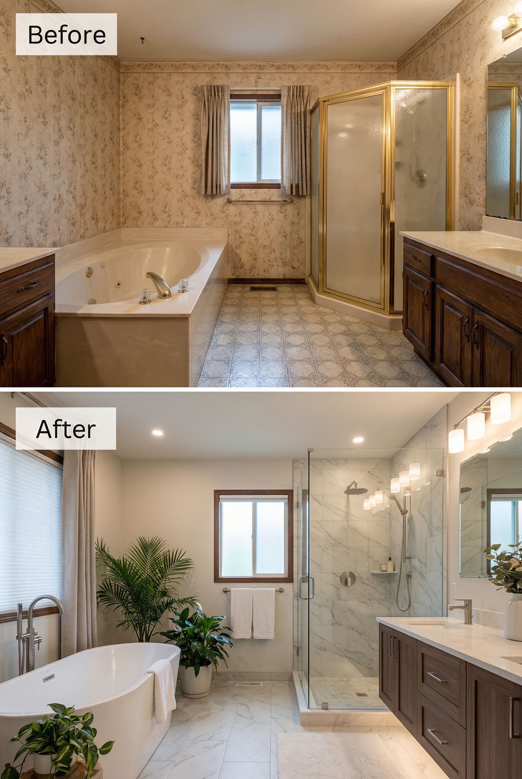 80s Laminate Counter Bath → Honed Marble Wellness Oasis