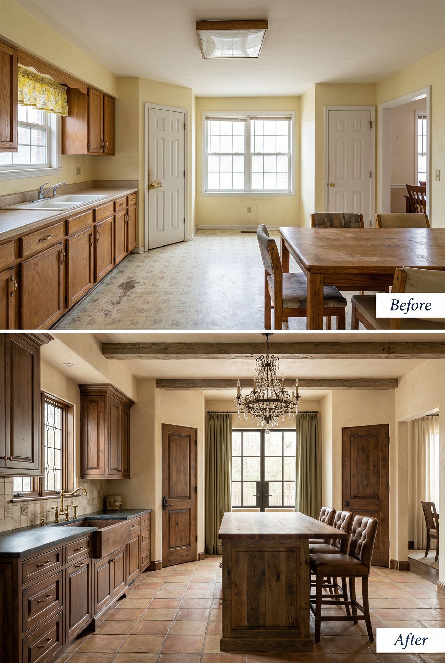 '80s Linoleum Floor Kitchen → Reclaimed Wood Old World