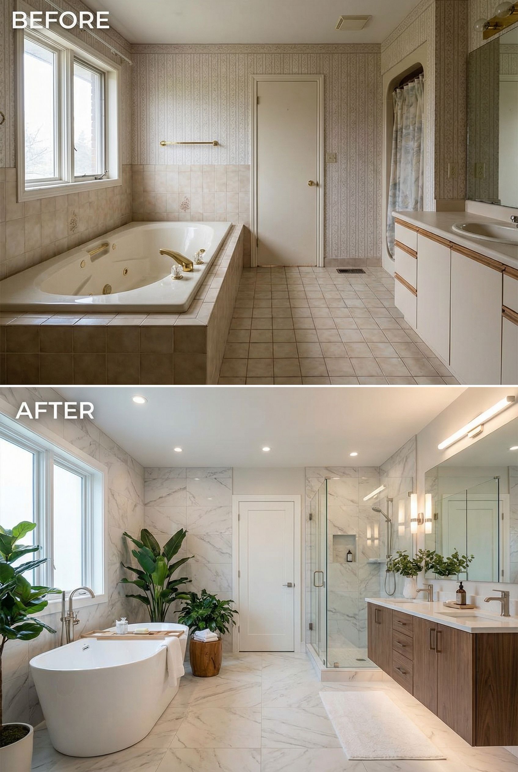 80s Mauve &amp; Brass Bathroom → Marble &amp; Gold Spa Sanctuary