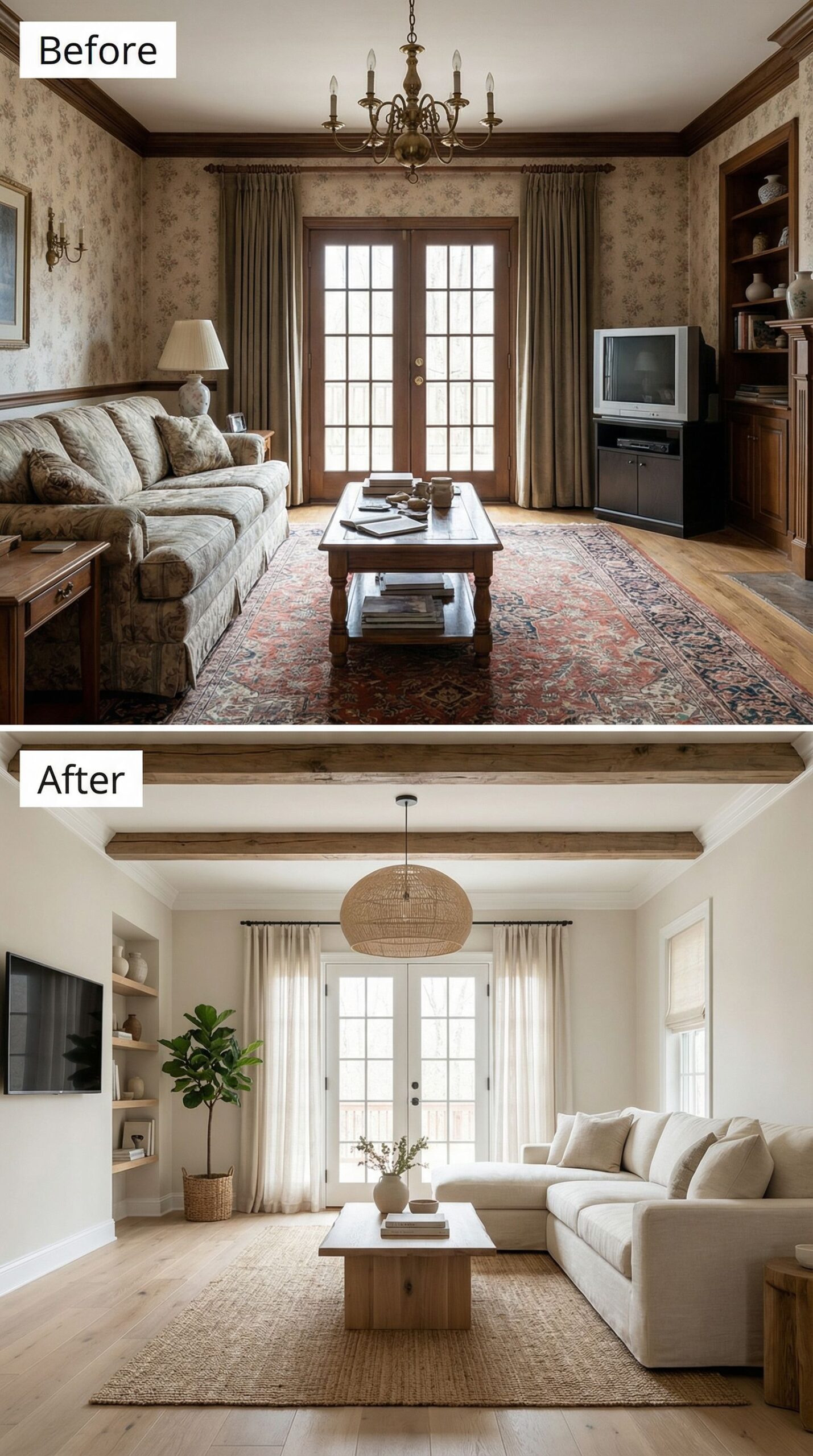 '80s Pastel Living Room → Warm Neutral Luxury Haven