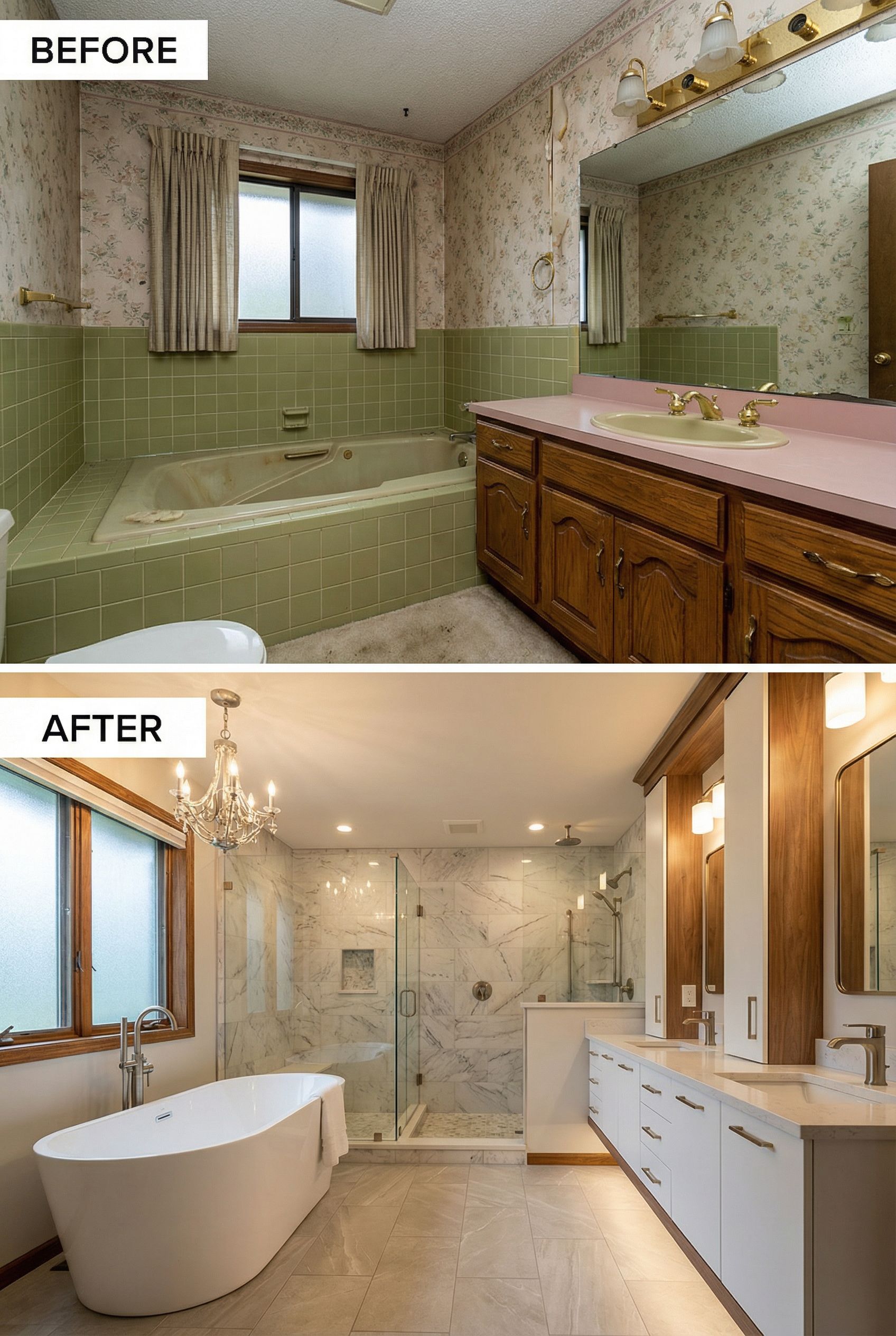 '80s Pink & Gray Bathroom → Warm Natural Wood Spa