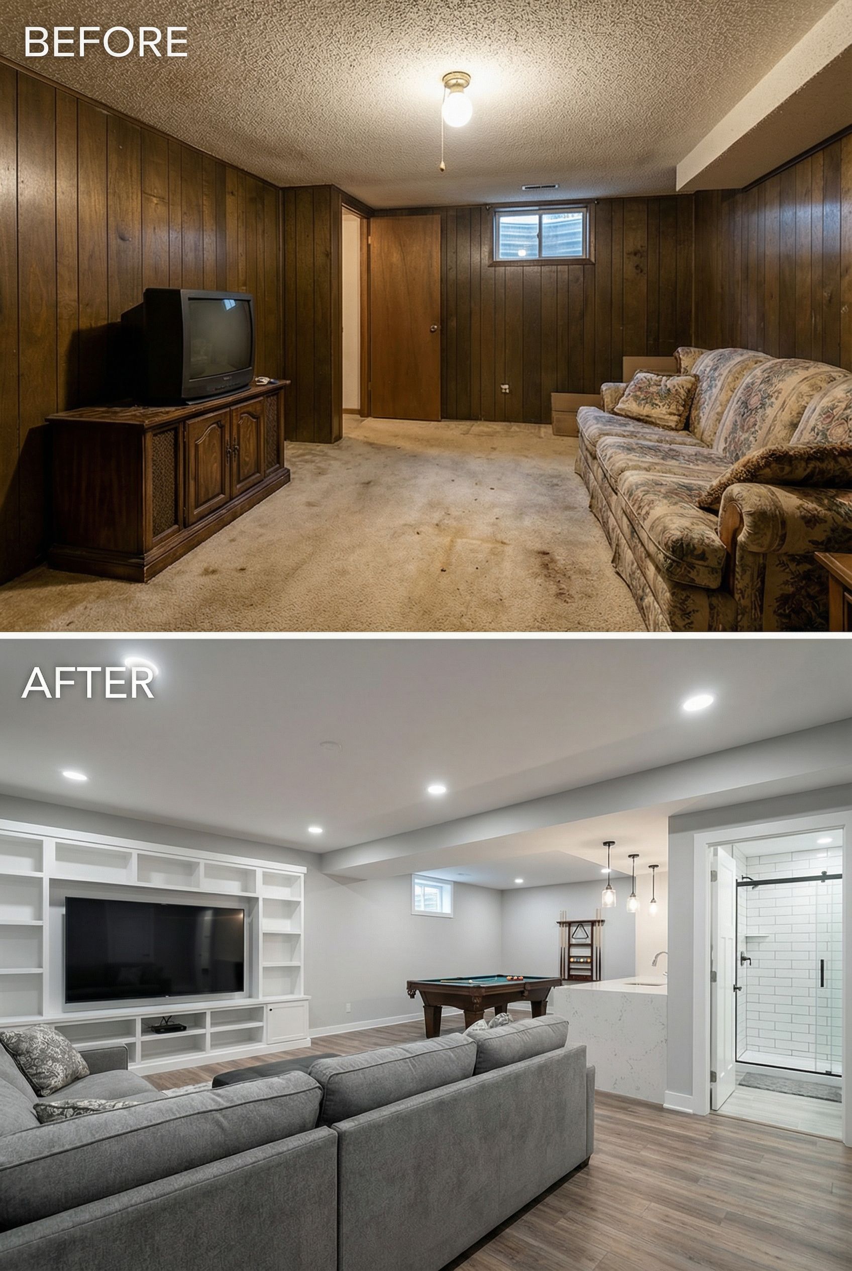 80s Wood Grain Nightmare โ Chic Open Concept TV Lounge