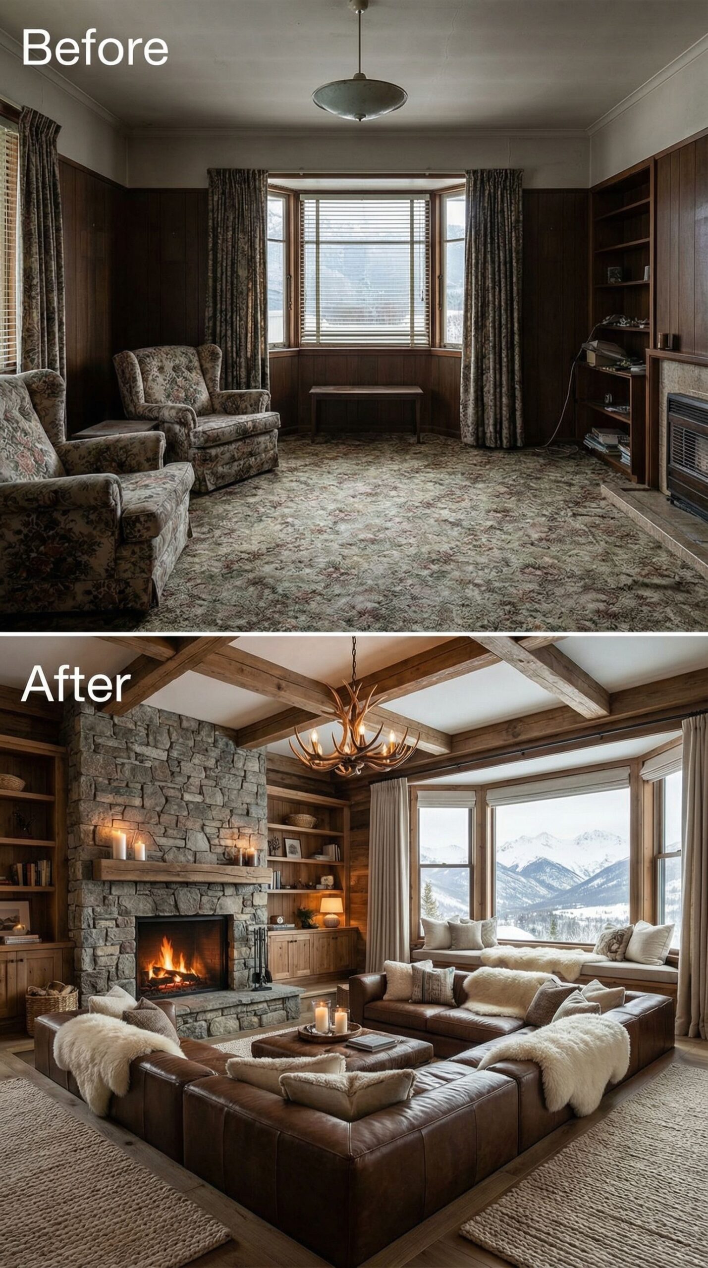 '80s Wood Paneled Space → Contemporary Sunken Lounge