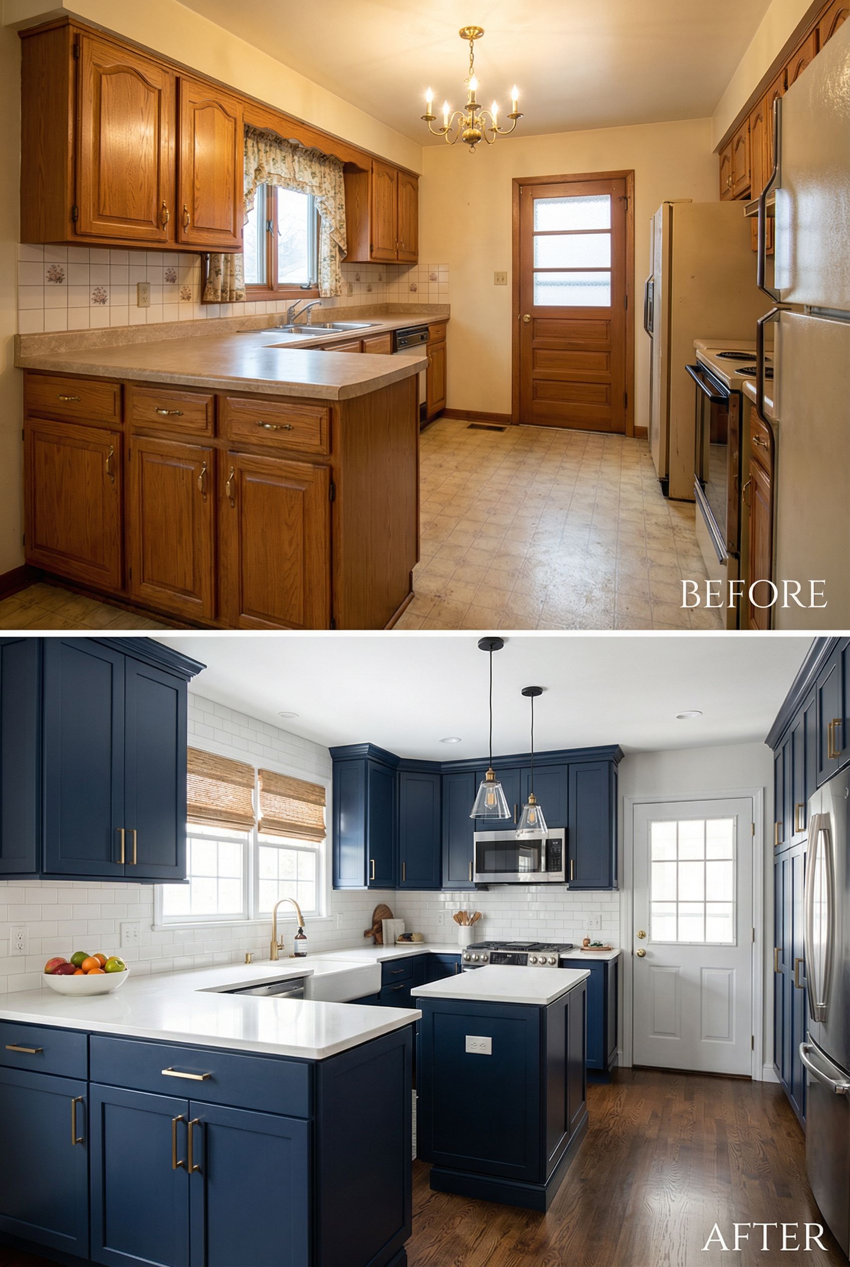 '90s Builder Grade Kitchen โ Navy Custom with Waterfall Island