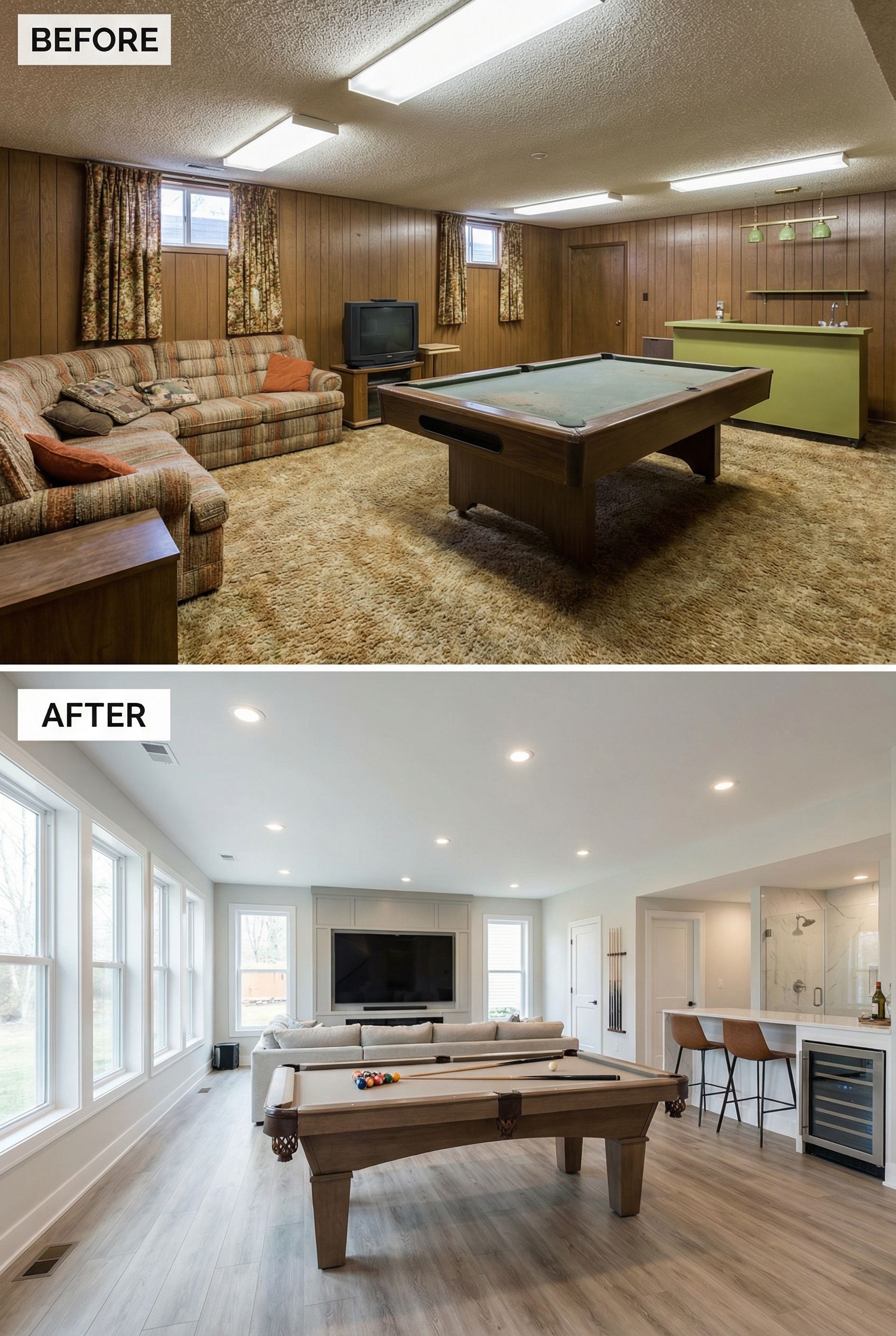 90s Carpet Cave โ Sleek Contemporary Media & Game Room