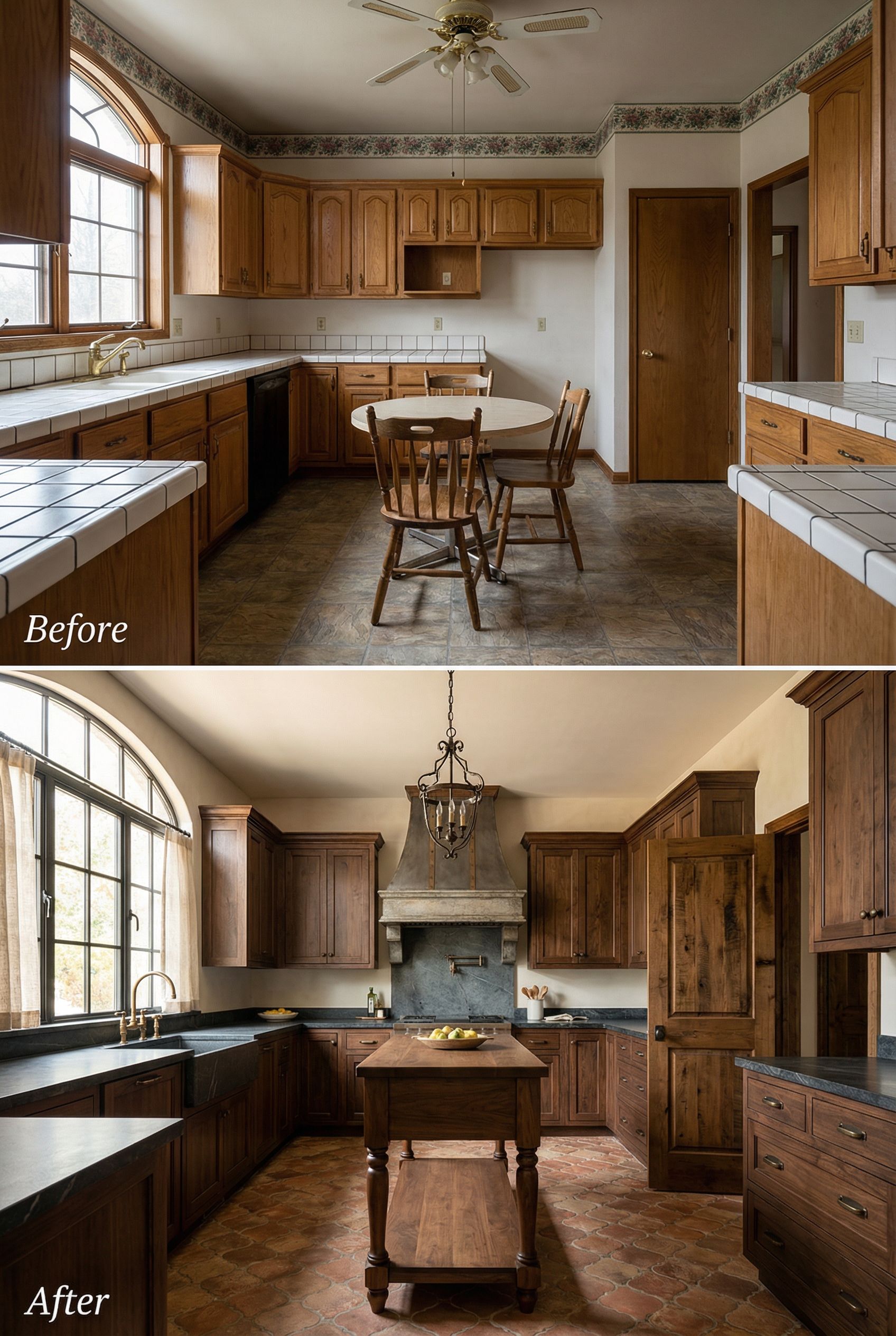 '90s Cherry Cabinet Kitchen → Medieval English Kitchen