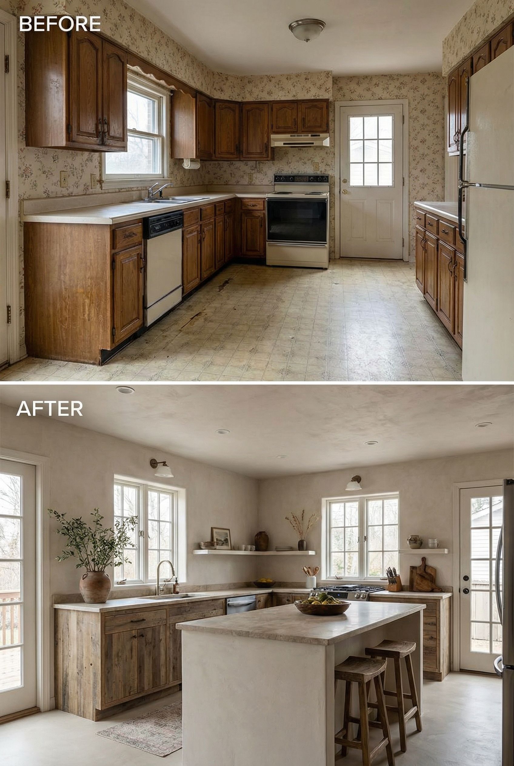 90s Country Blue Kitchen → Neutral Wabi Sabi Rustic Haven