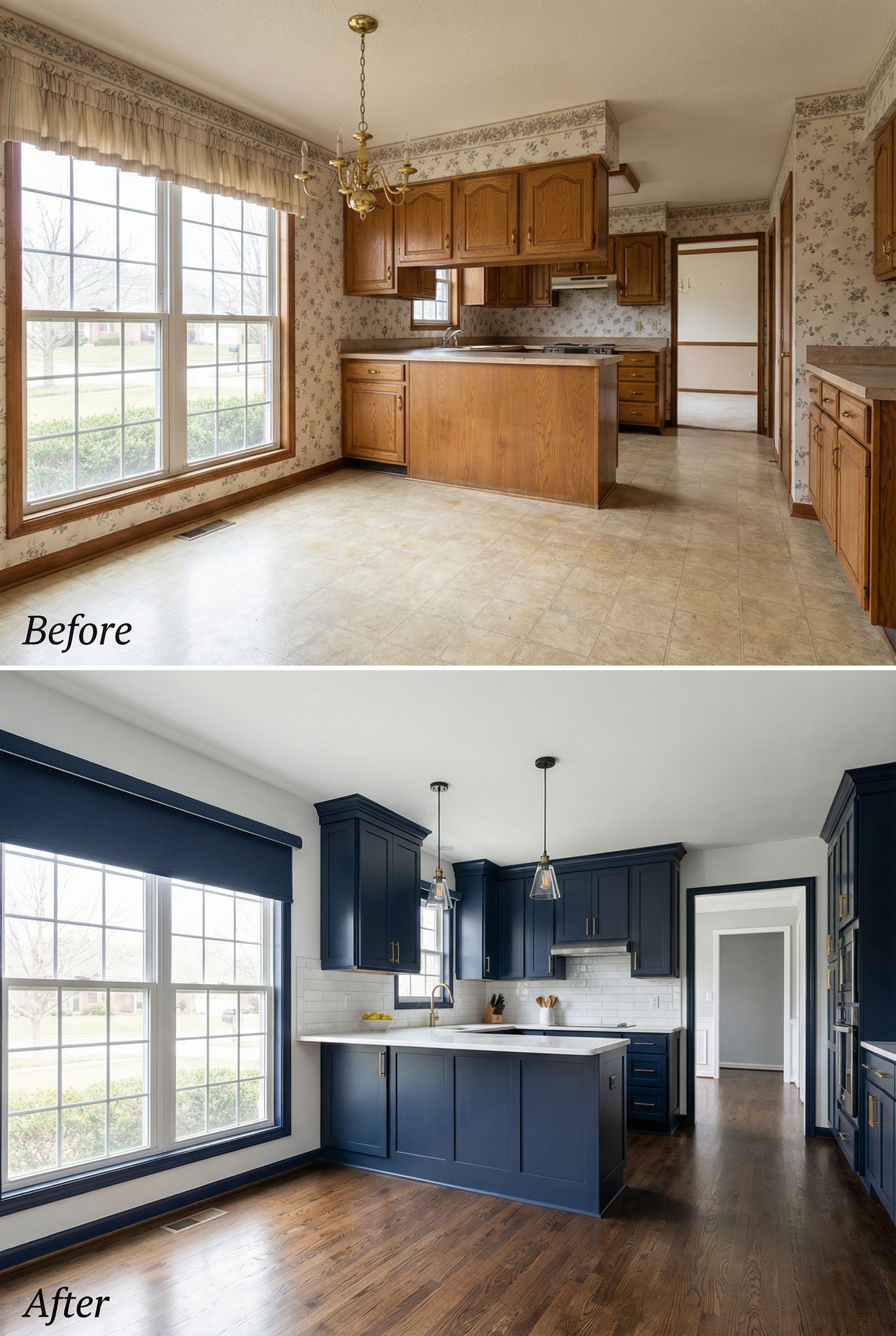 '90s Country Kitchen โ Sophisticated Navy & White Luxury