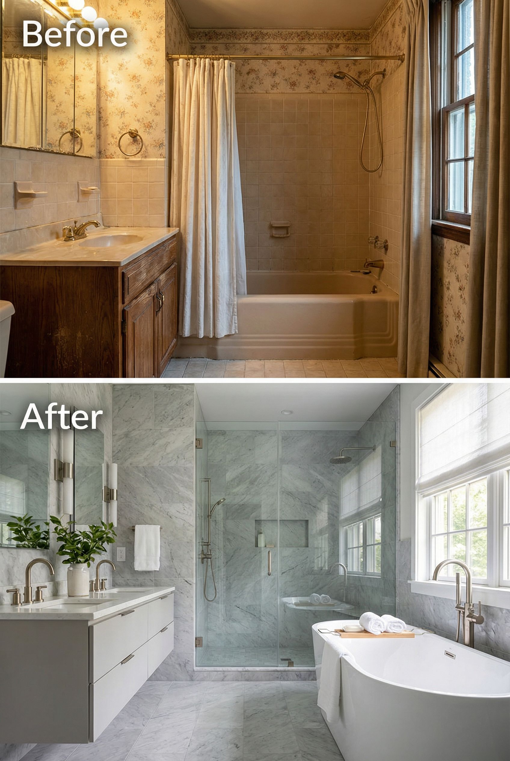 90s Cultured Marble Bath → Natural Stone Luxury Suite