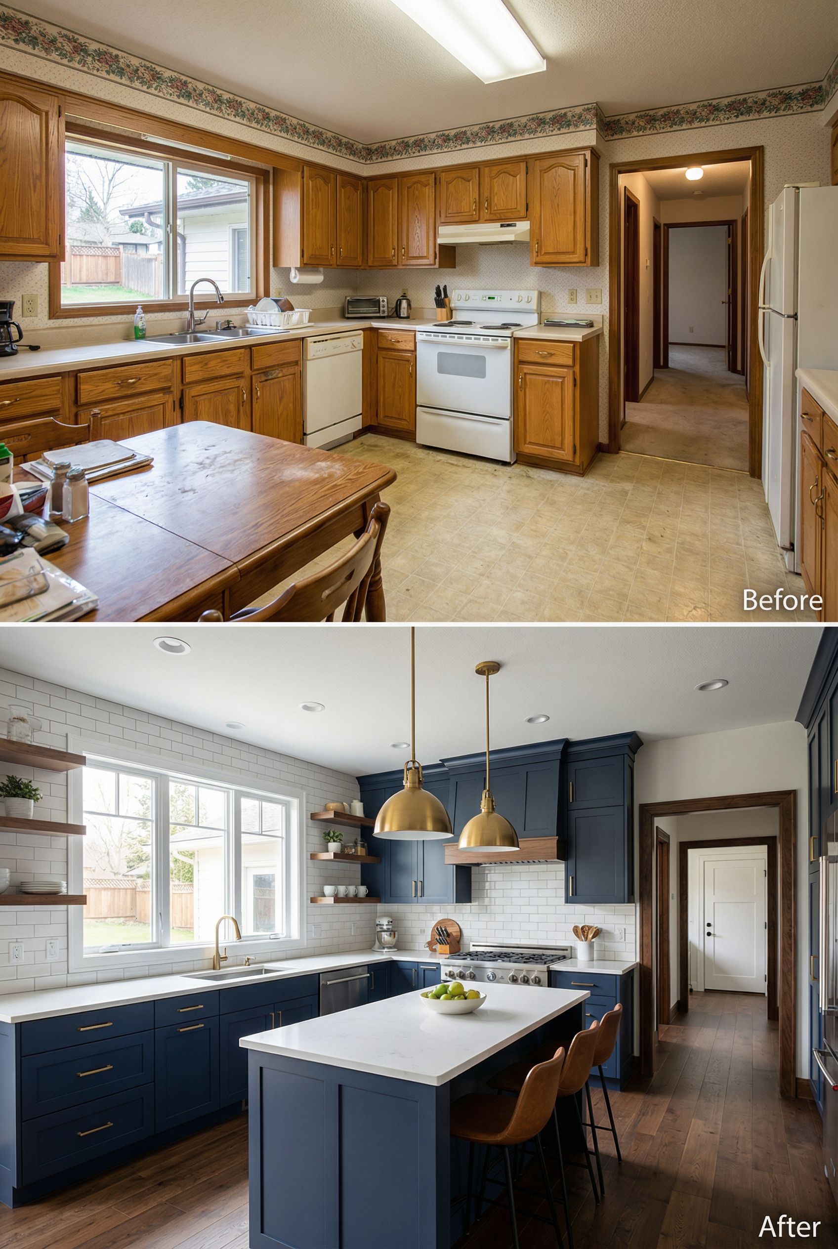 '90s Floral Wallpaper Kitchen โ Navy Blue High-End Modern