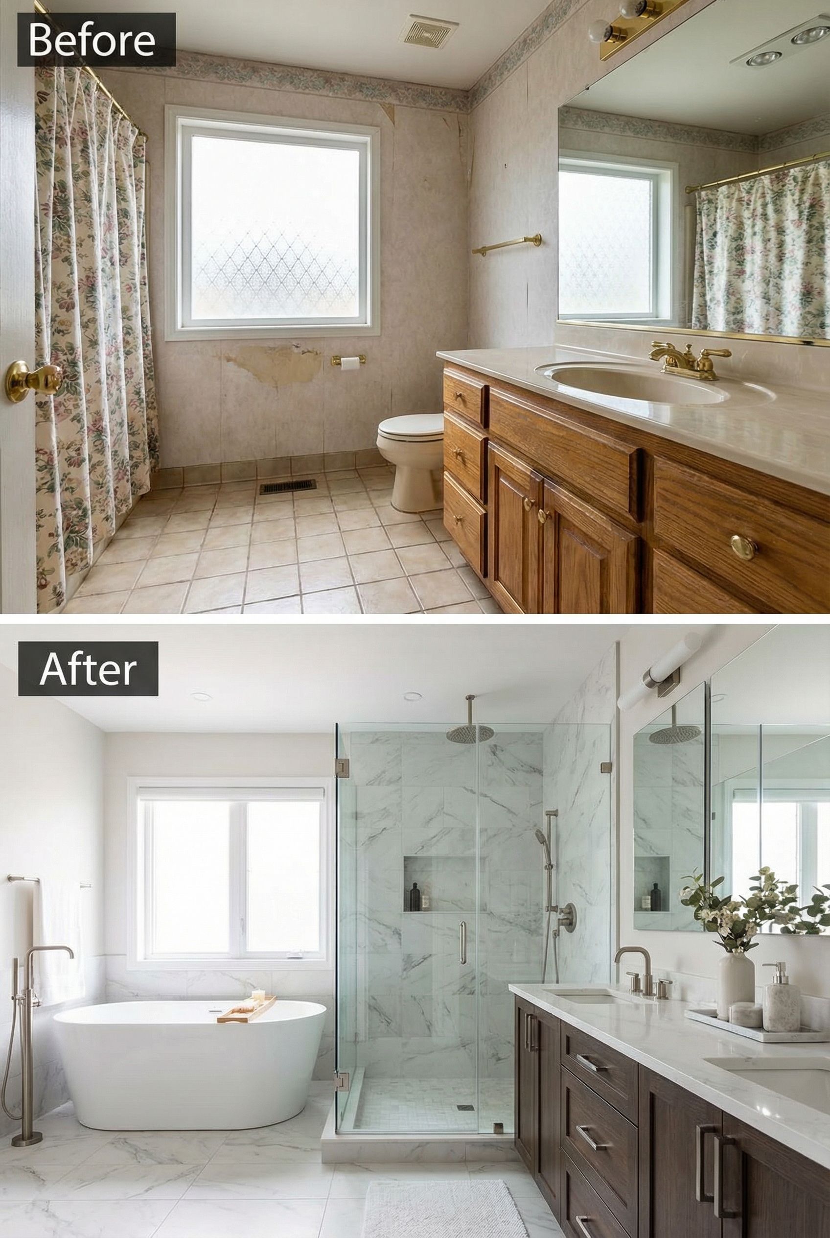 90s Garden Tub Bath → Statement Soaking Tub Retreat