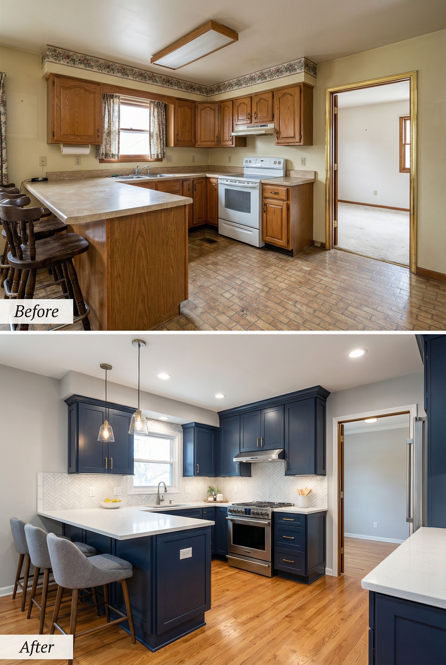 '90s Laminate Kitchen โ Navy Cabinetry with Quartz