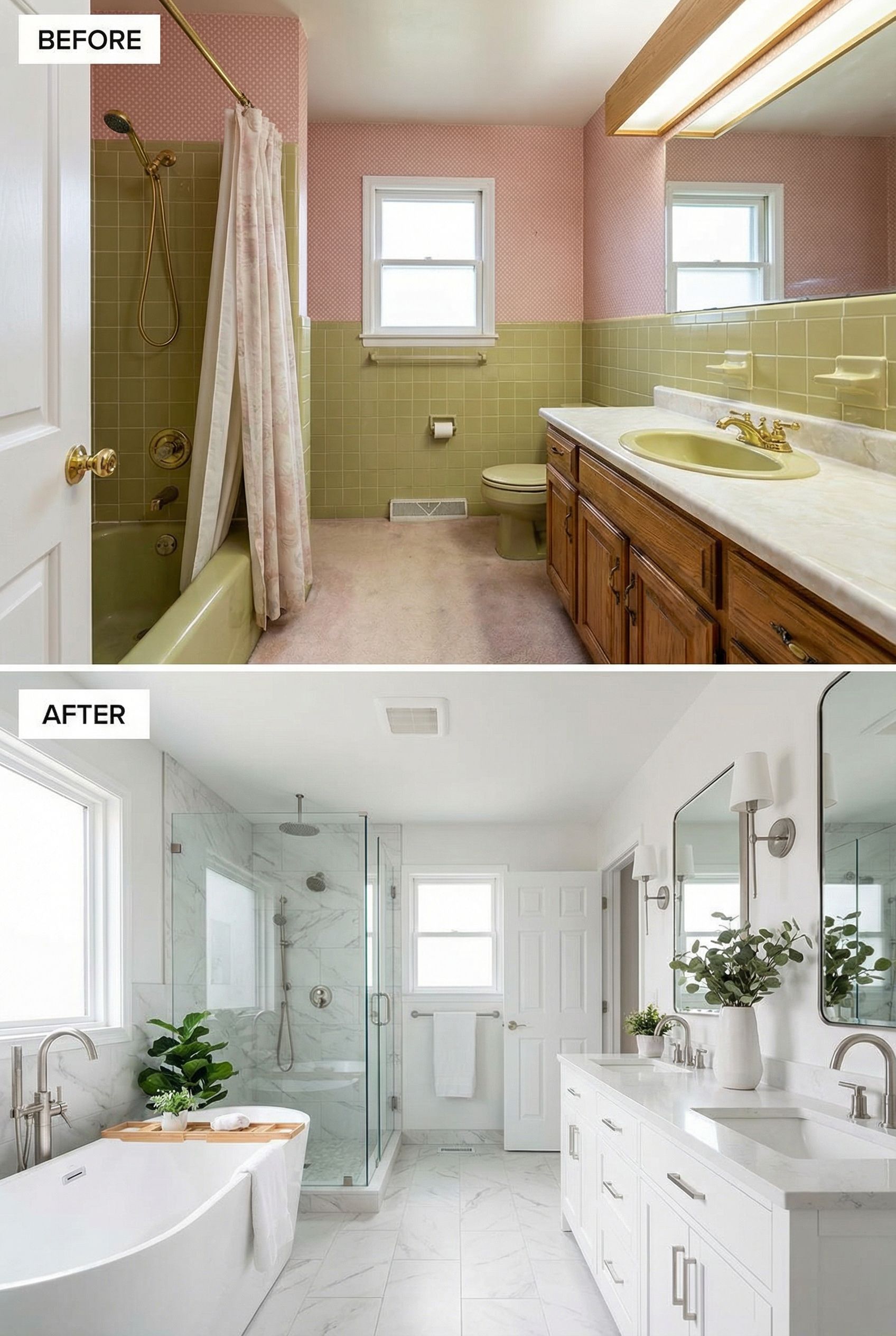 '90s Mauve & Brass Bathroom → Elegant Marble Sanctuary