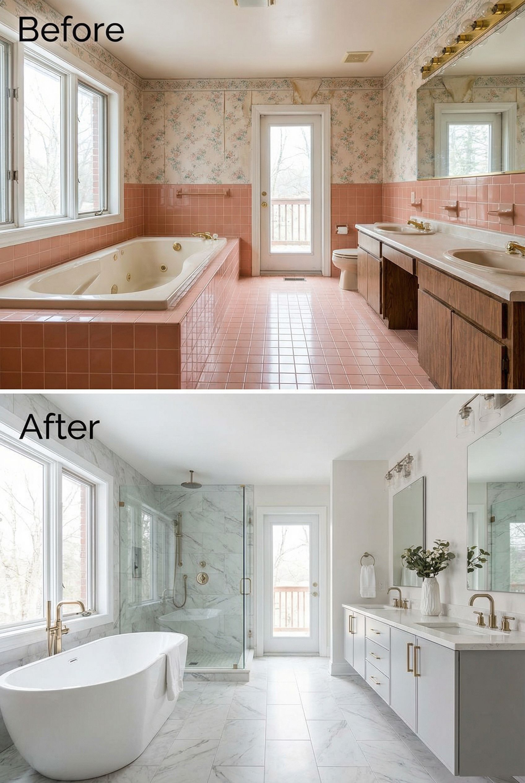 90s Oak Cabinet Bathroom → Floating Vanity Modern Spa
