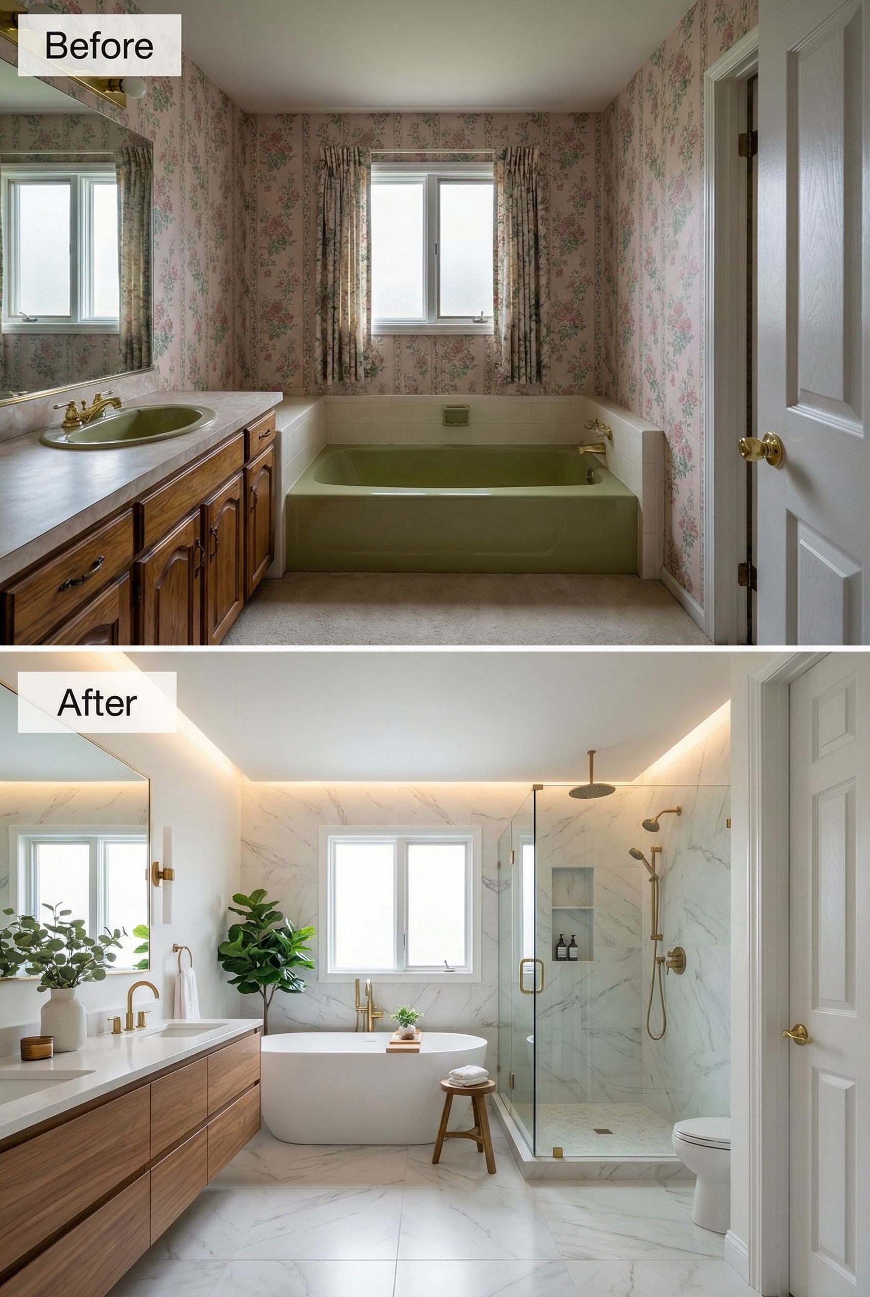 '90s Oak Cabinet Bathroom → Sleek Floating Vanity Oasis