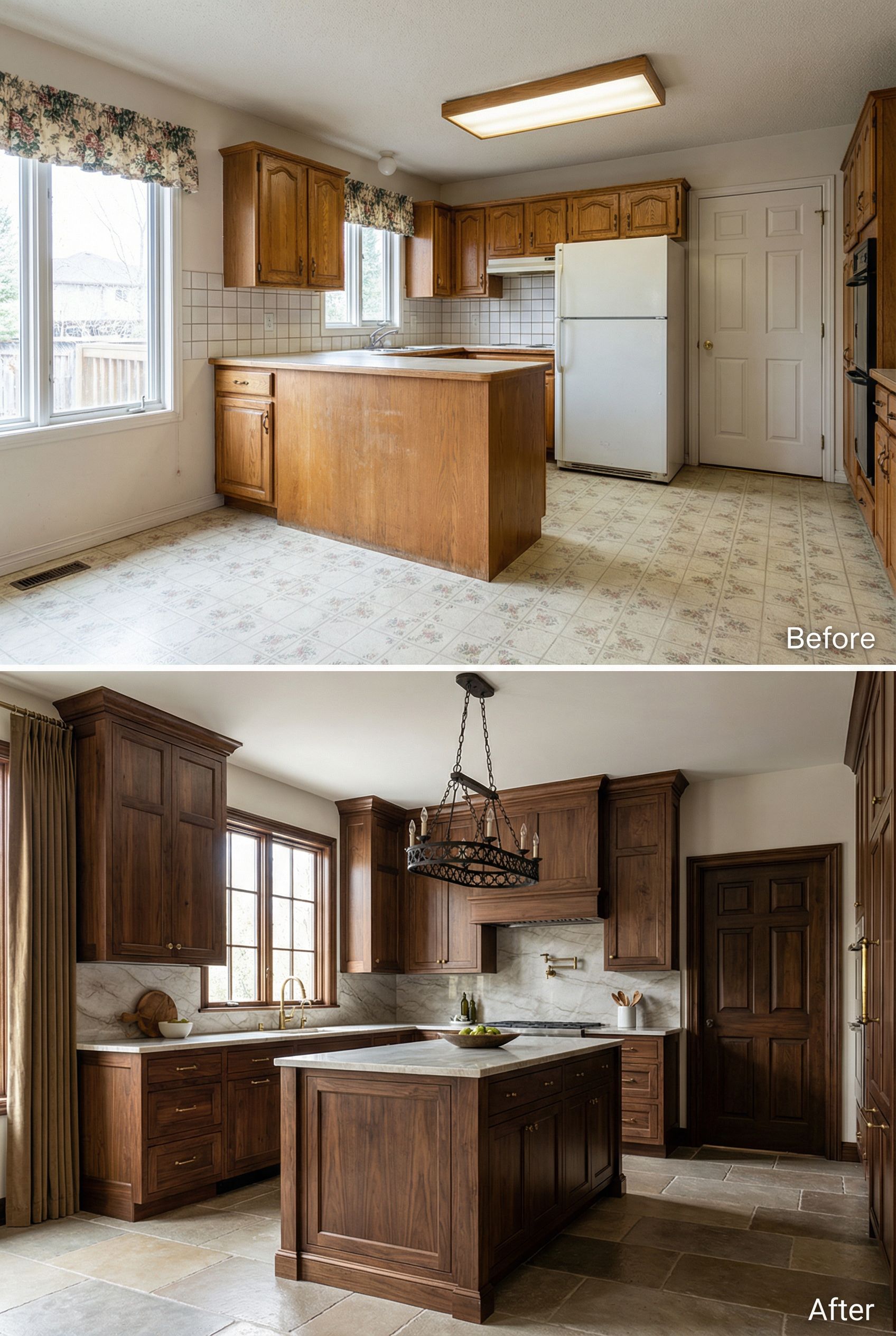 '90s Oak Cabinet Kitchen → French Country Stone & Brick