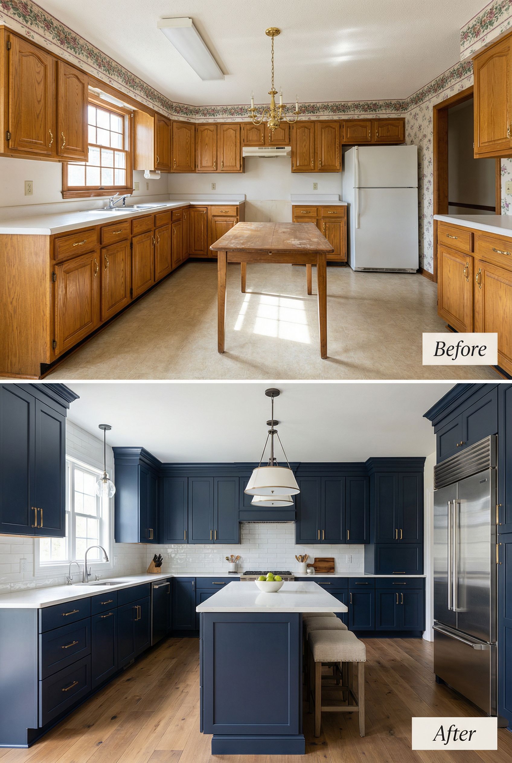 '90s Oak Cabinet Kitchen โ Navy & Brass Custom Luxury