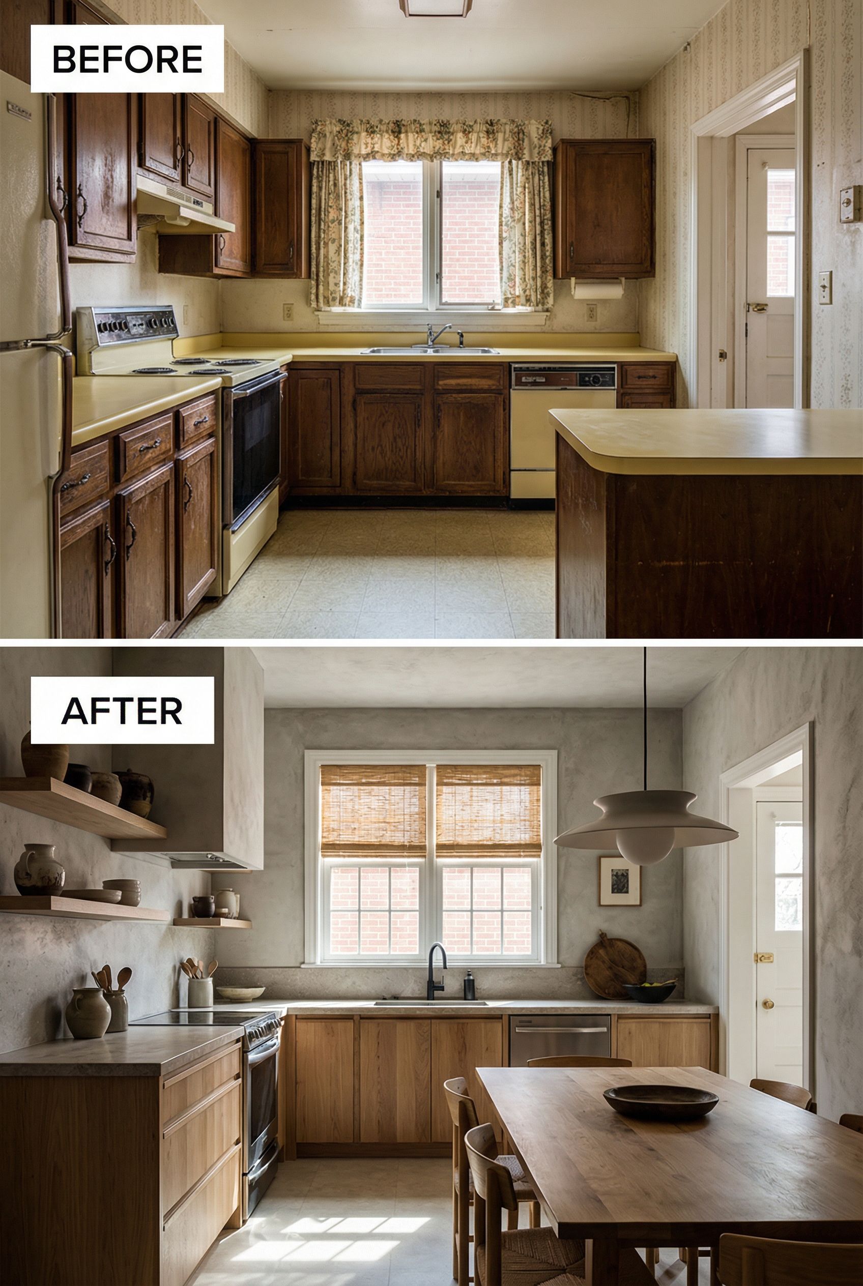 90s Oak Cabinet Kitchen → Serene Wabi Sabi Minimalist