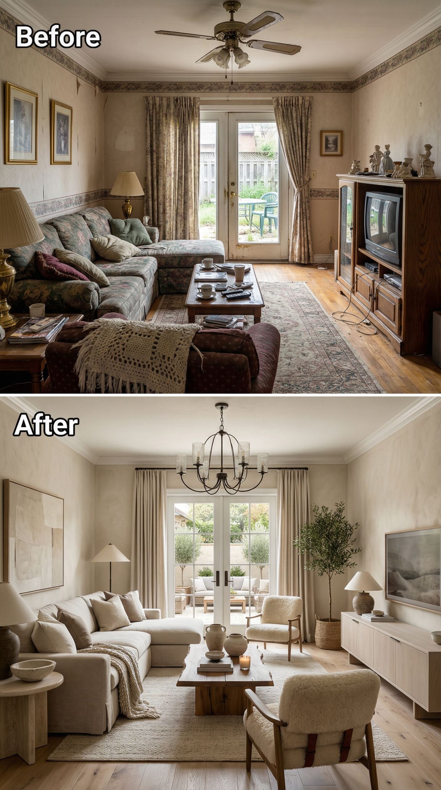 '90s Oak Furniture Living Room → Walnut Quiet Luxury Space