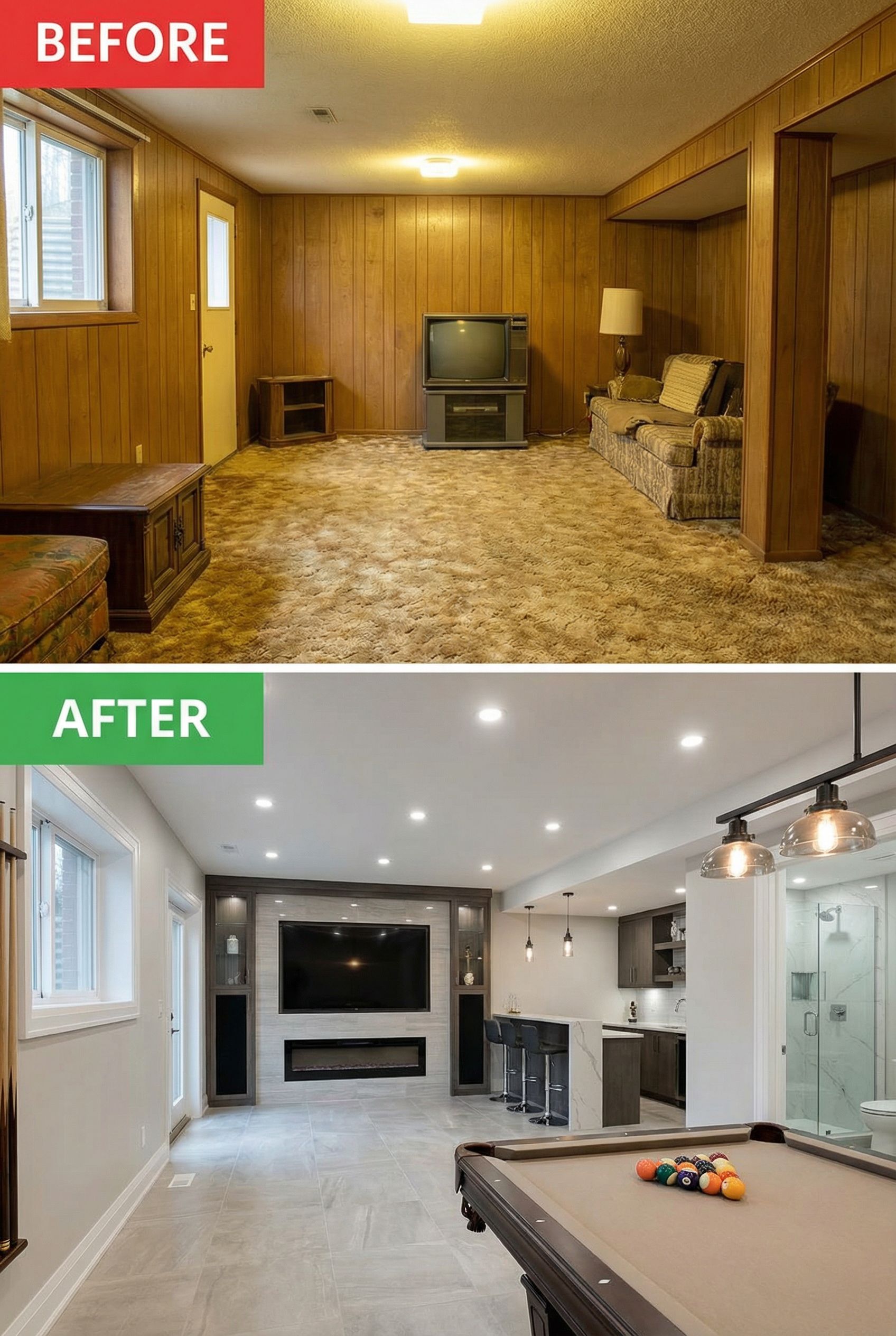 90s Popcorn Ceiling Basement โ Upscale Open Living & Game Area