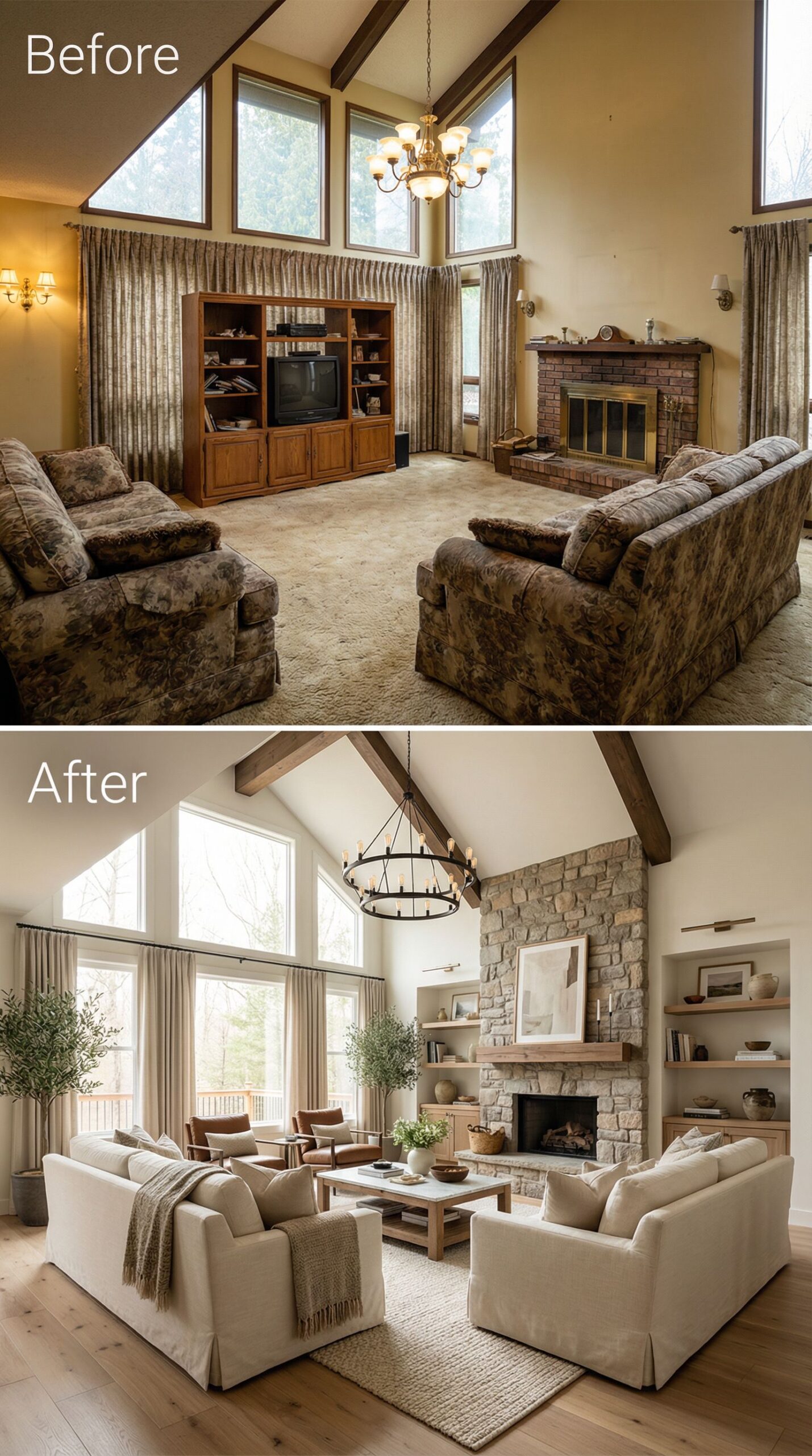 '90s Vertical Blinds Living Room → Layered Linen Sanctuary