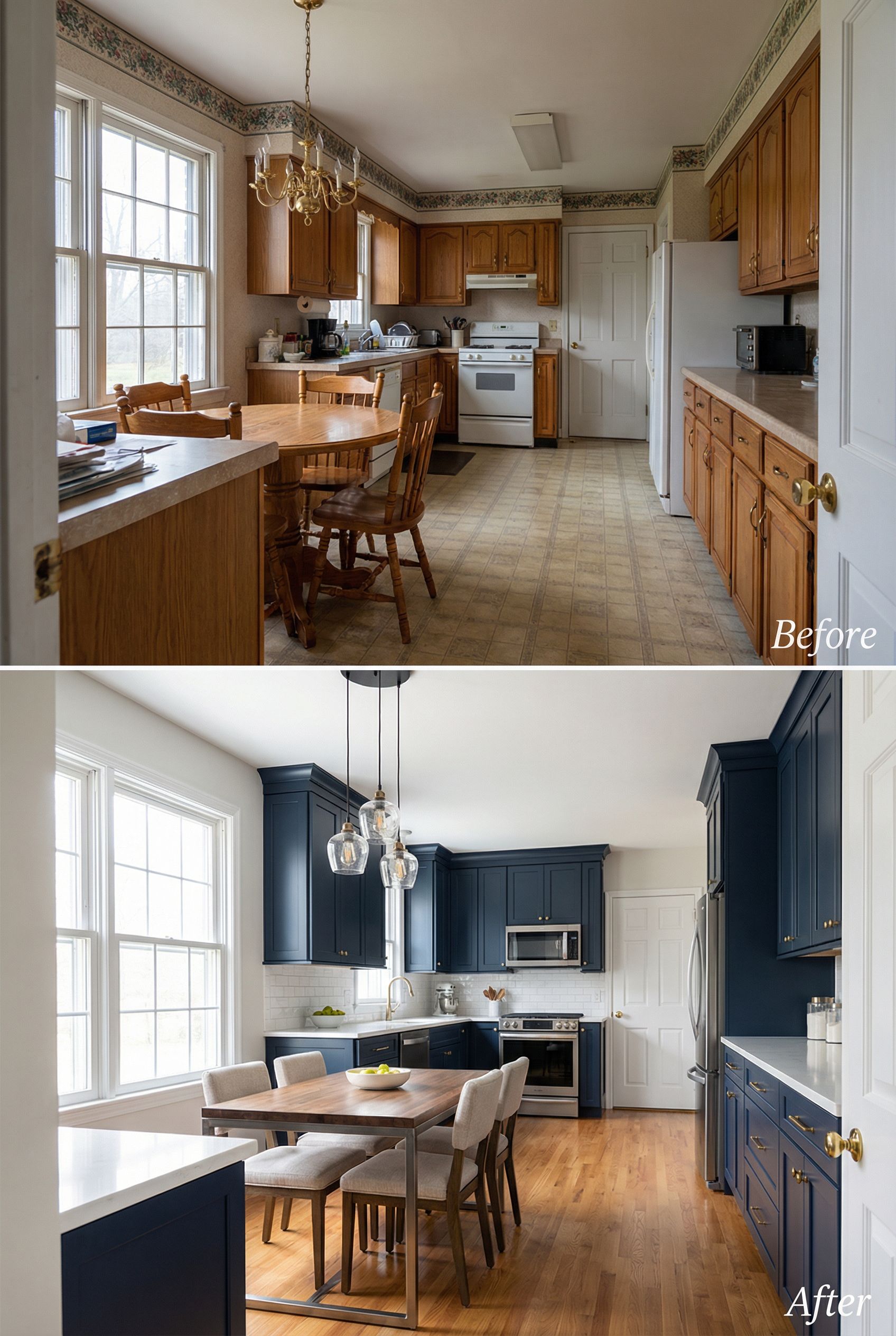 '90s Vinyl Floor Kitchen โ Navy Custom with Hardwood Floors