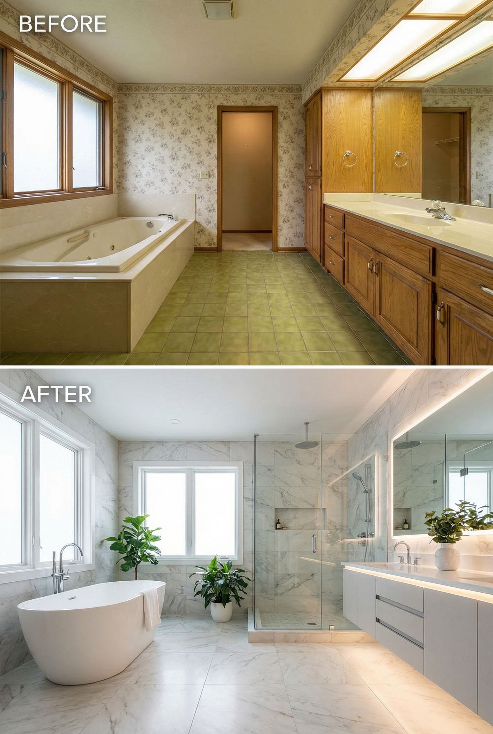 90s Wallpaper Border Bath → Floor-to-Ceiling Tile Sanctuary