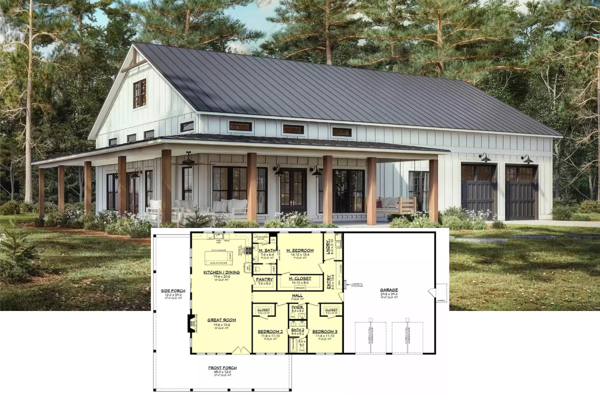 Milton 3-Bedroom Barndominium Style with Wraparound Porch and 2-Car Front-Entry Garage (Floor Plan)