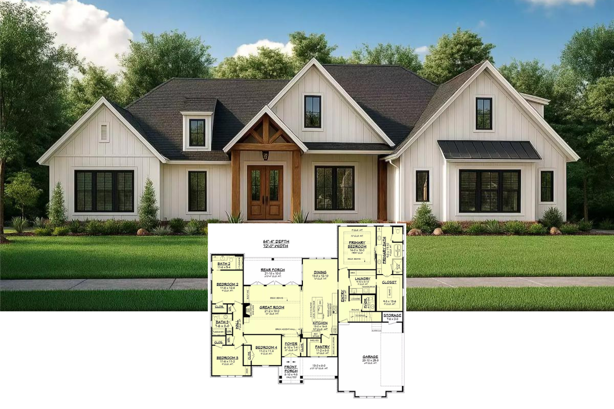4-Bedroom Modern Farmhouse-Style Home with Open-Concept Layout and Bonus Room (Floor Plan)