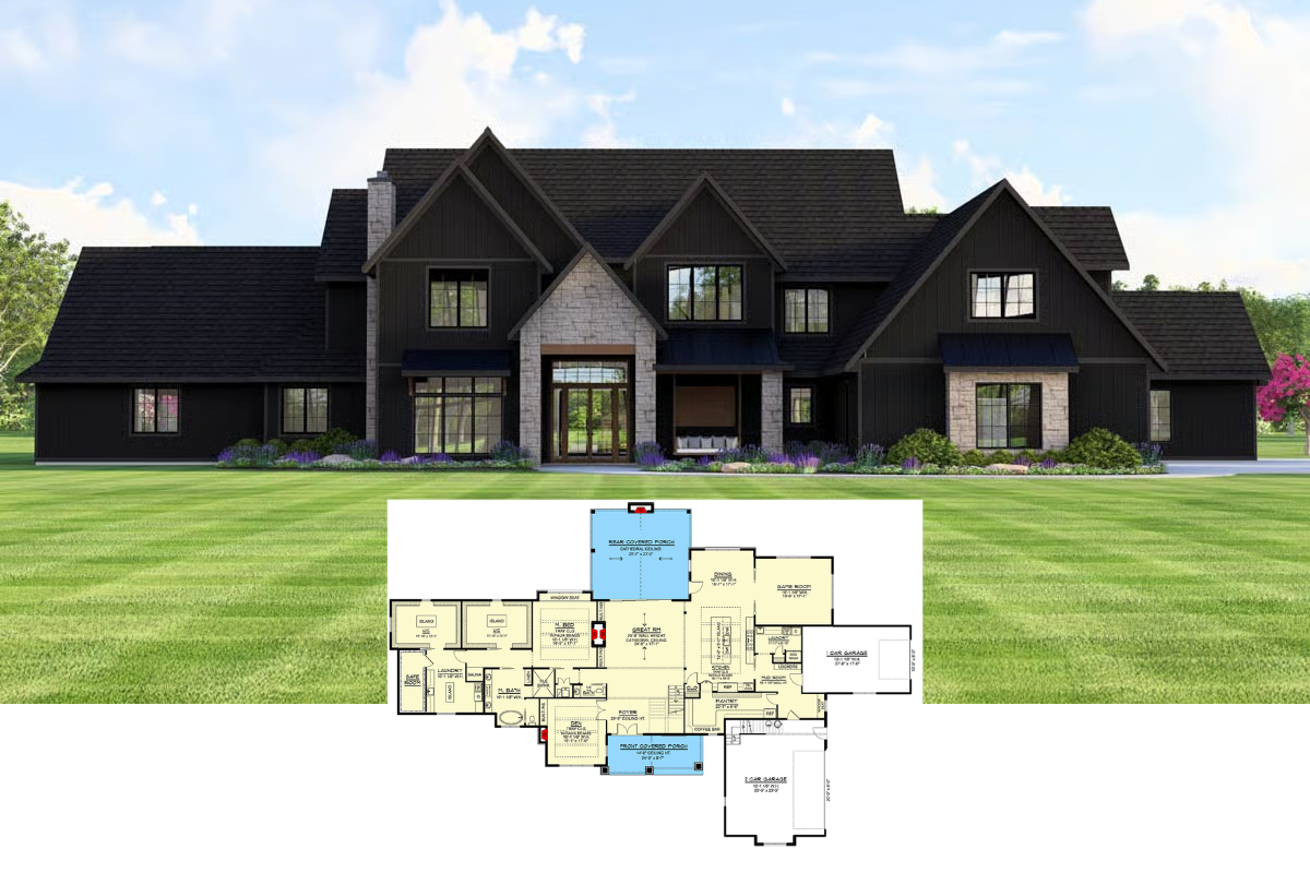 4-Bedroom Modern Farmhouse with Jack & Jill Bath and Two Story Great Room (Floor Plan)