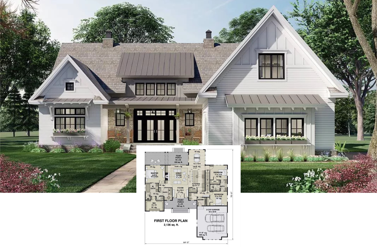 3-Bedroom Modern Farmhouse-Style Home with Front Porch and Bonus Room (Floor Plan)