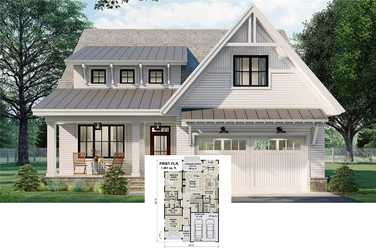 The Emerald 4-Bedroom Cottage Farmhouse-Style with Bonus Room and Covered Front Porch (Floor Plan)