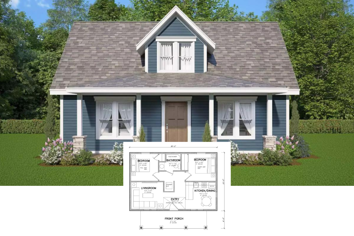 2-Bedroom Country Cottage Style for Corner and Narrow Lot with Covered Front Porch (Floor Plan)