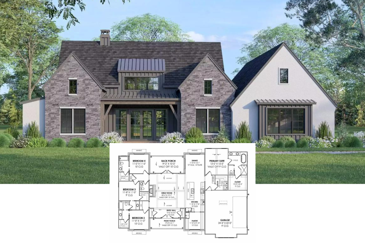 4-Bedroom Modern Farmhouse Style with Rear Porch and 2-Car Side-Entry Garage (Floor Plan)