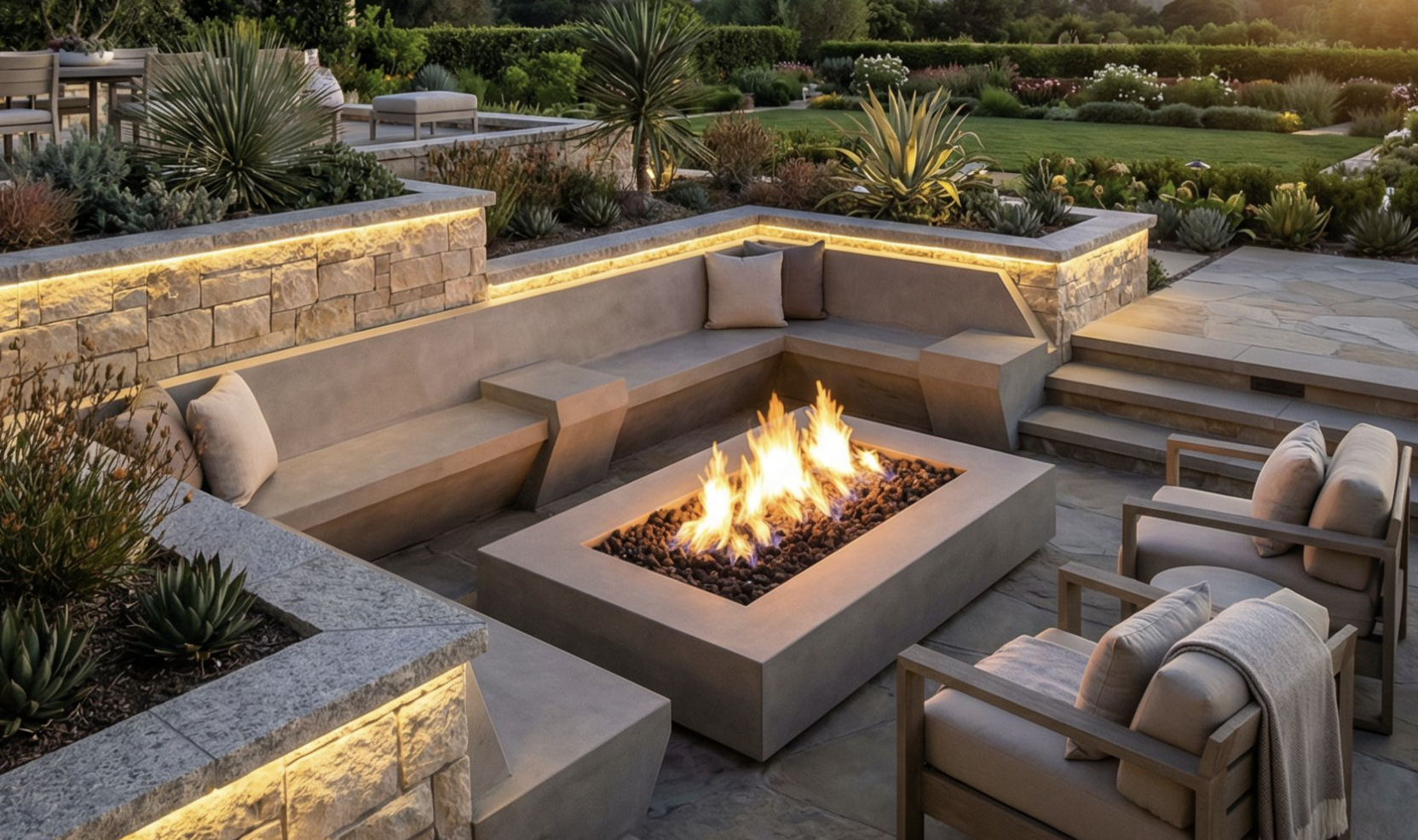 19 Luxury Backyard Patios Featuring Sunken Fire Pits and Tiered Stone Platforms