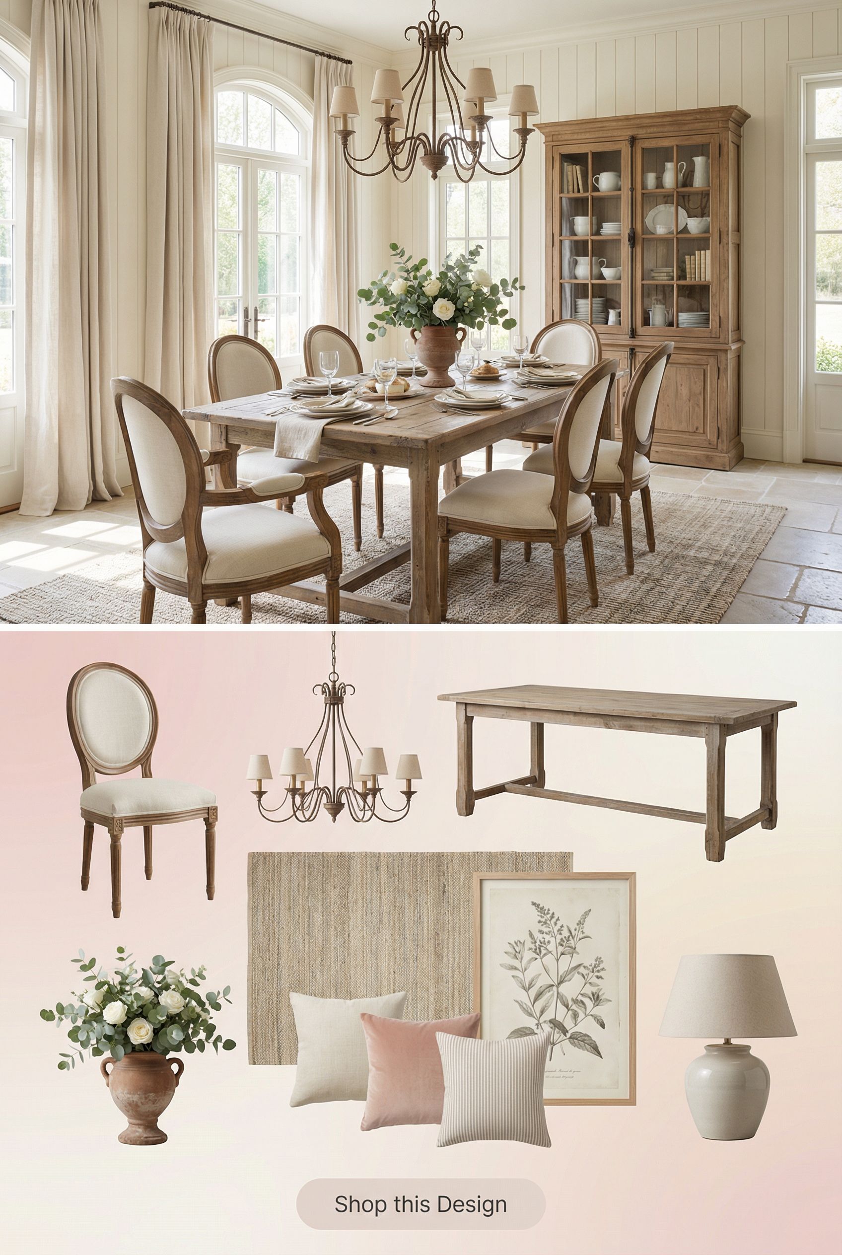 Airy French Country Dining Room with Vertical Shiplap and Linen Drapery Moodboard