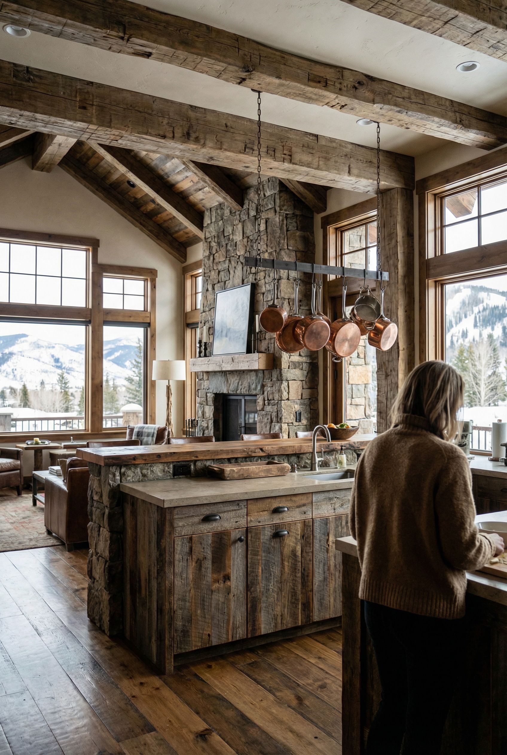 Alpine Chalet Kitchen Featuring Stone Fireplace