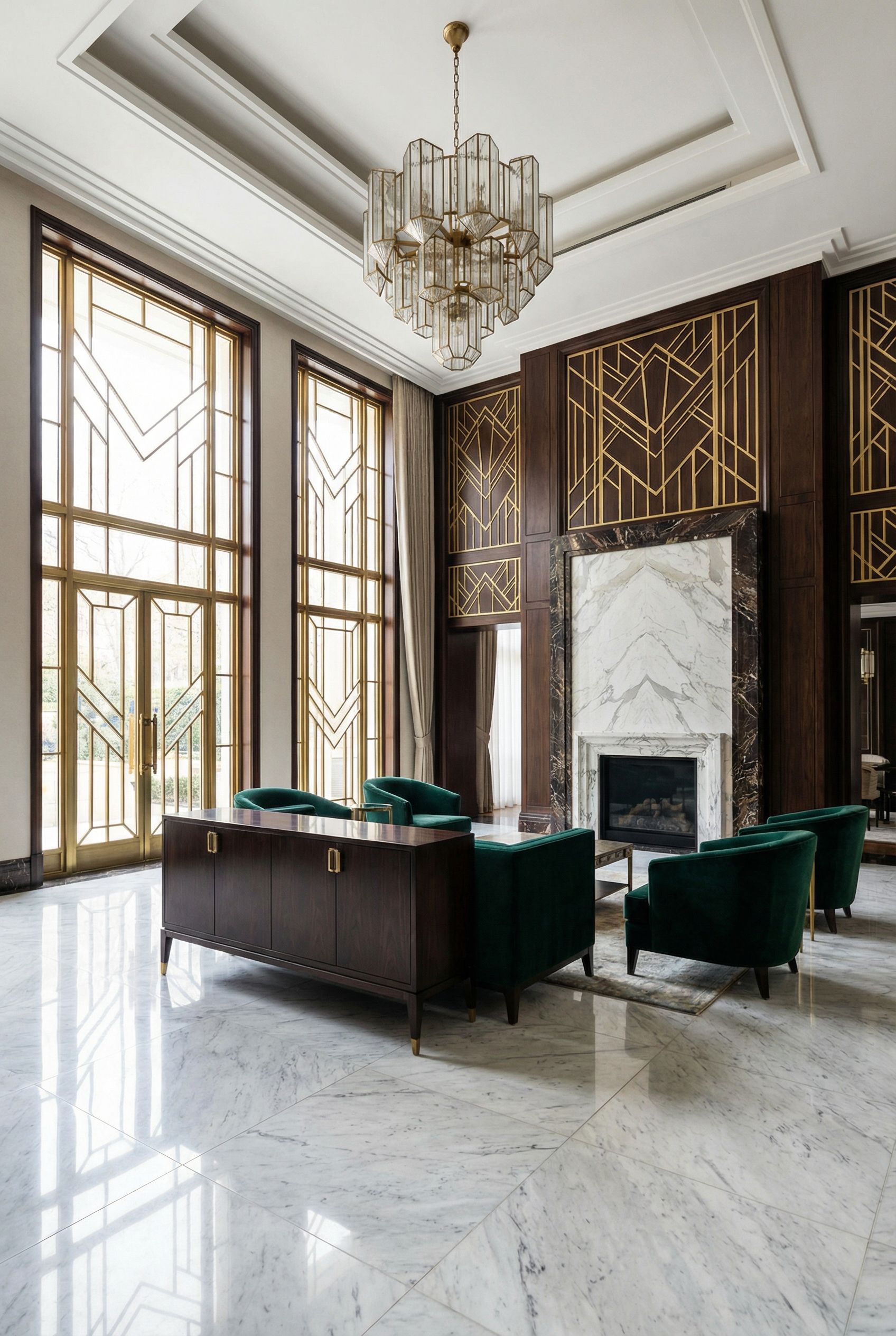 Art Deco Luxury Great Room with Marble Accents