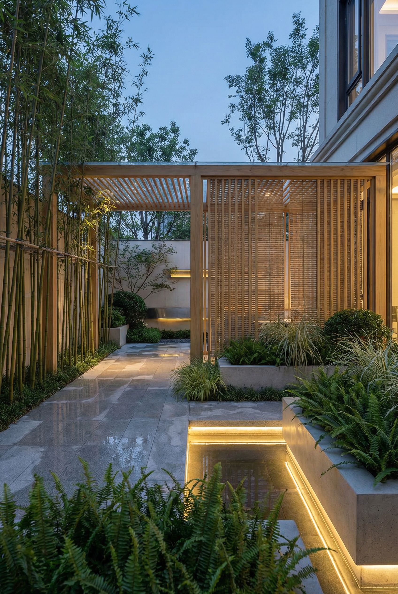 Asian-Fusion Courtyard with Bamboo Elements