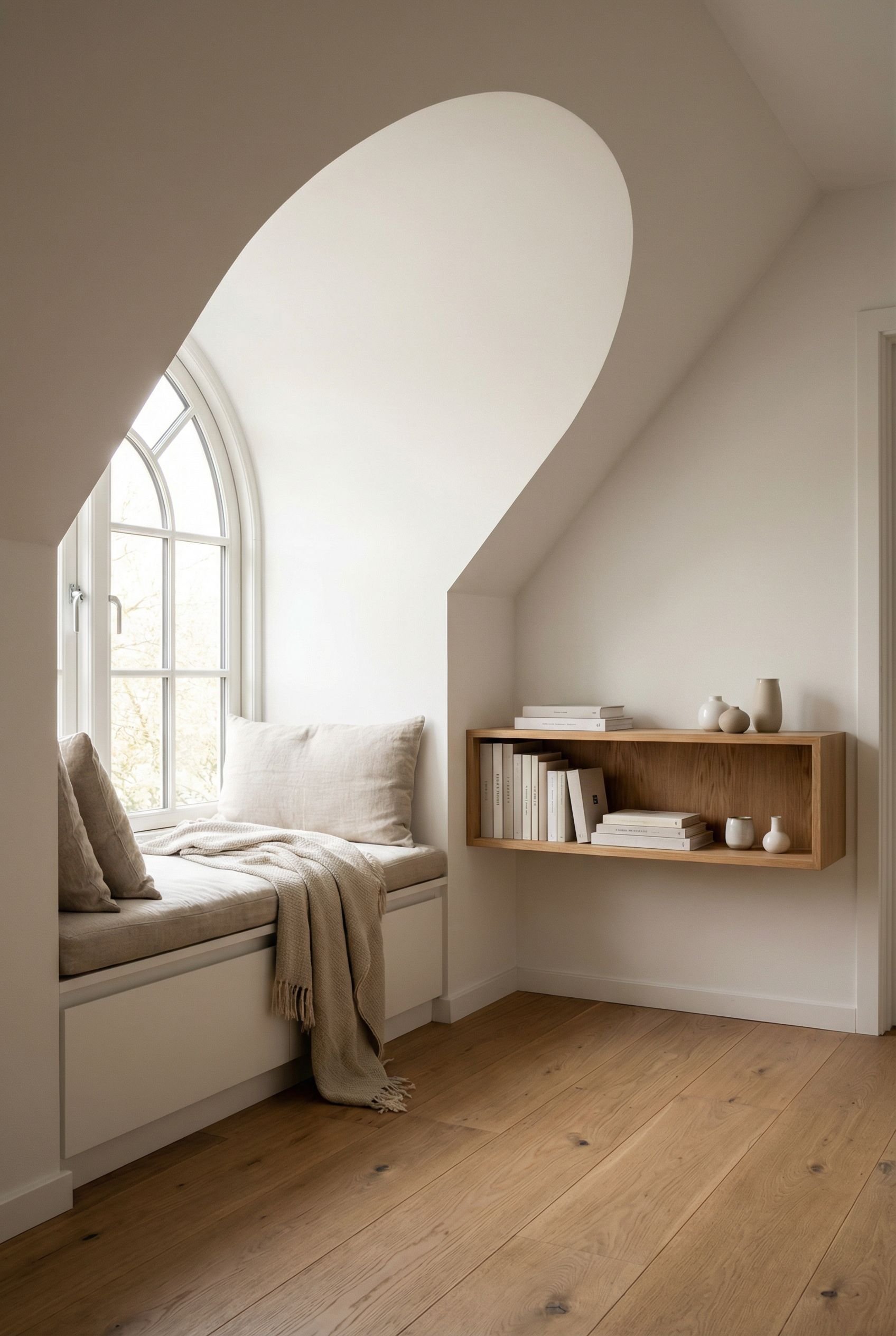 Attic Alcove with Window Ledge Seating and Minimalist Book Storage