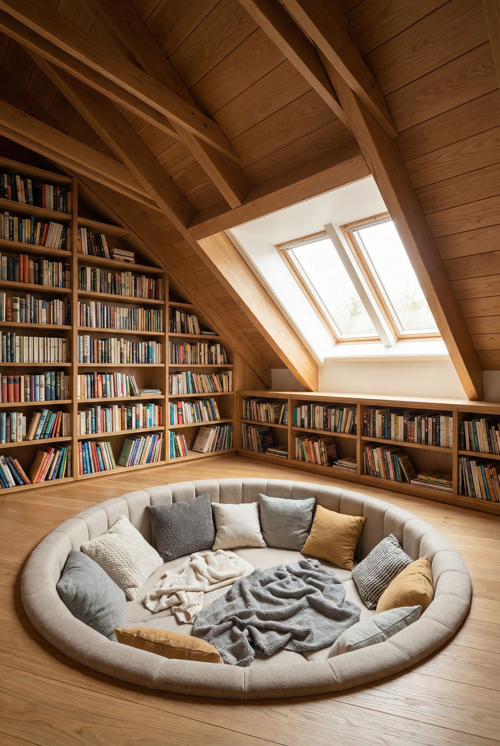 Attic Book Loft with Sunken Reading Pit and Surrounding Shelves