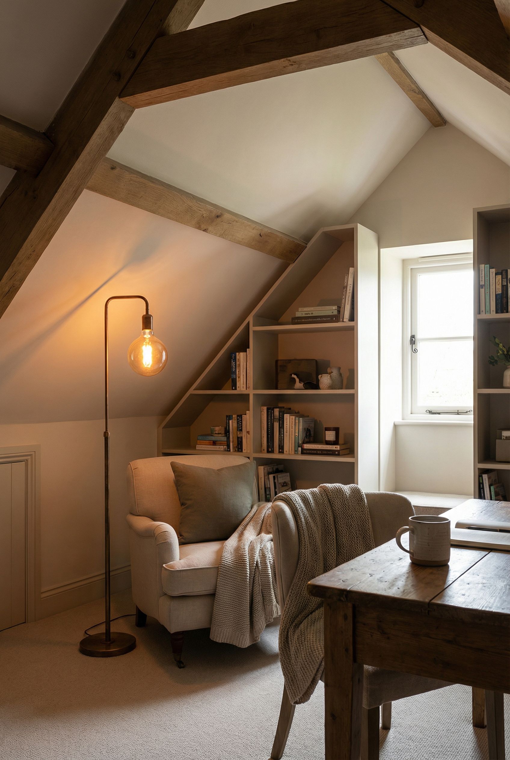 Attic Escape with Sloped Ceiling Shelves and a Warm Glowing Lamp