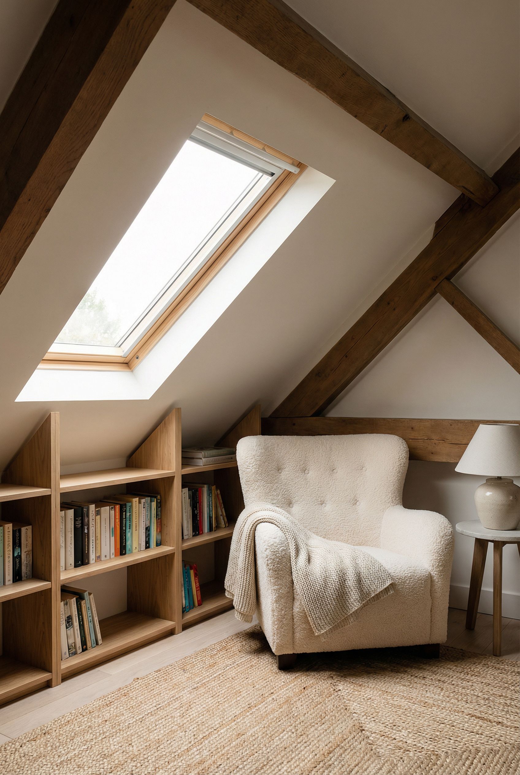 Attic Hideaway with Low Built-In Bookcases and Plush Reading Chair