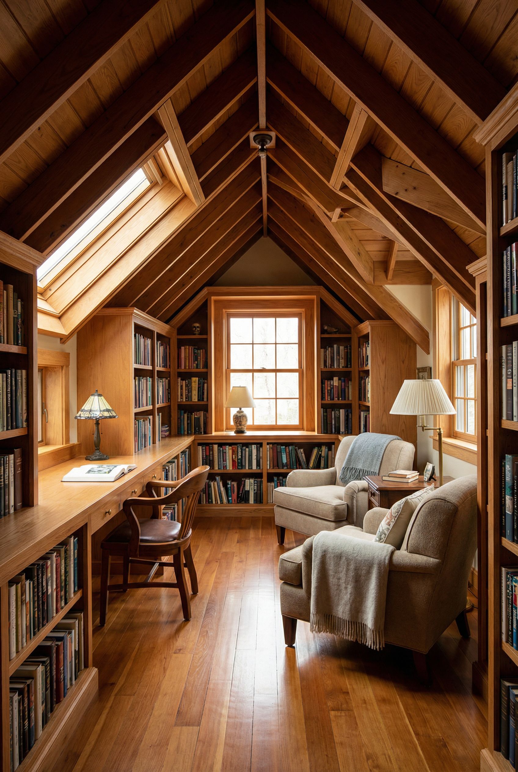 Attic Library with Built-In Desks and Reading Zone Under the Rafters