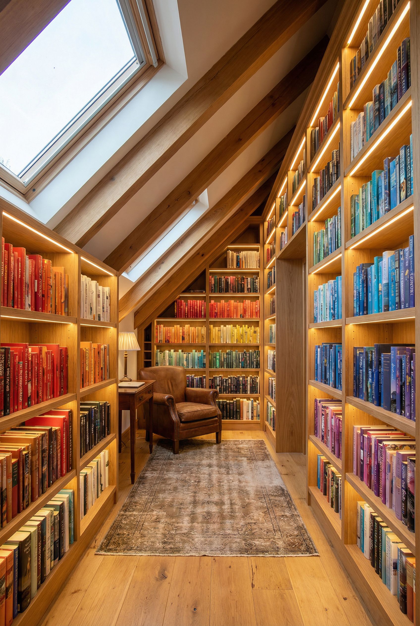 Attic Library with Color-Coded Books and Illuminated Wall Shelves
