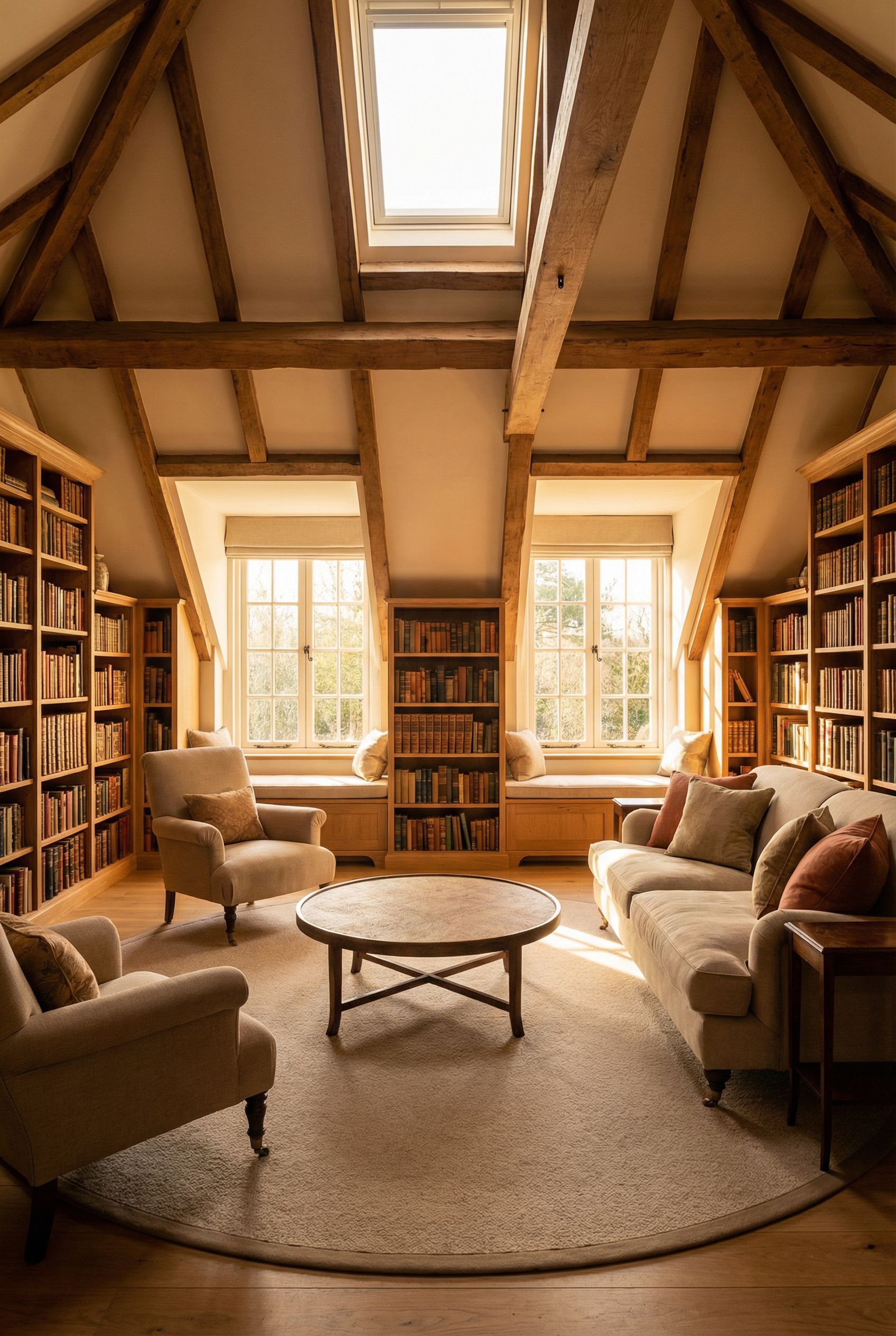 Attic Library with Double Dormers and a Central Reading Lounge
