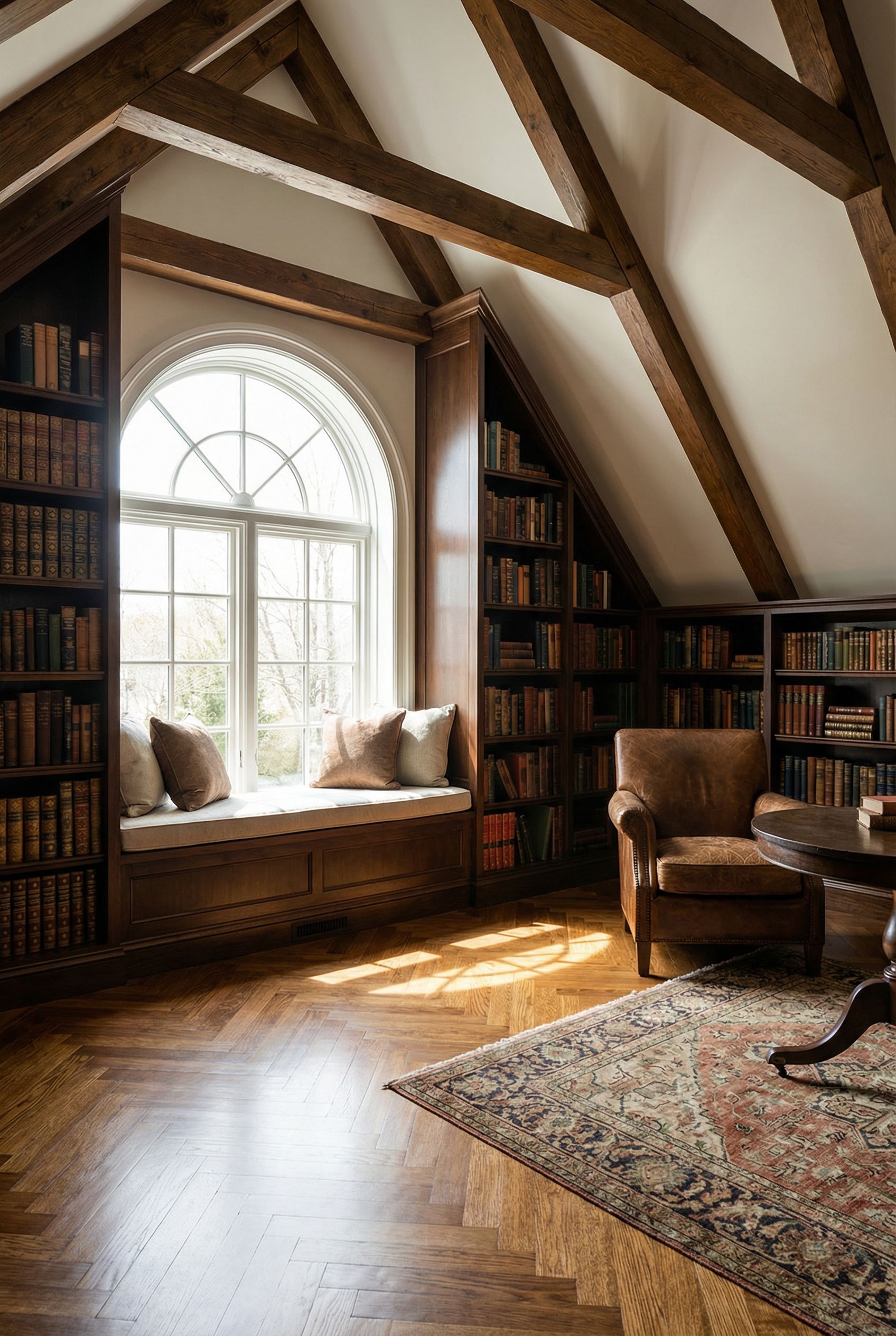 Attic Library with Herringbone Floors and a Deep Window Reading Seat